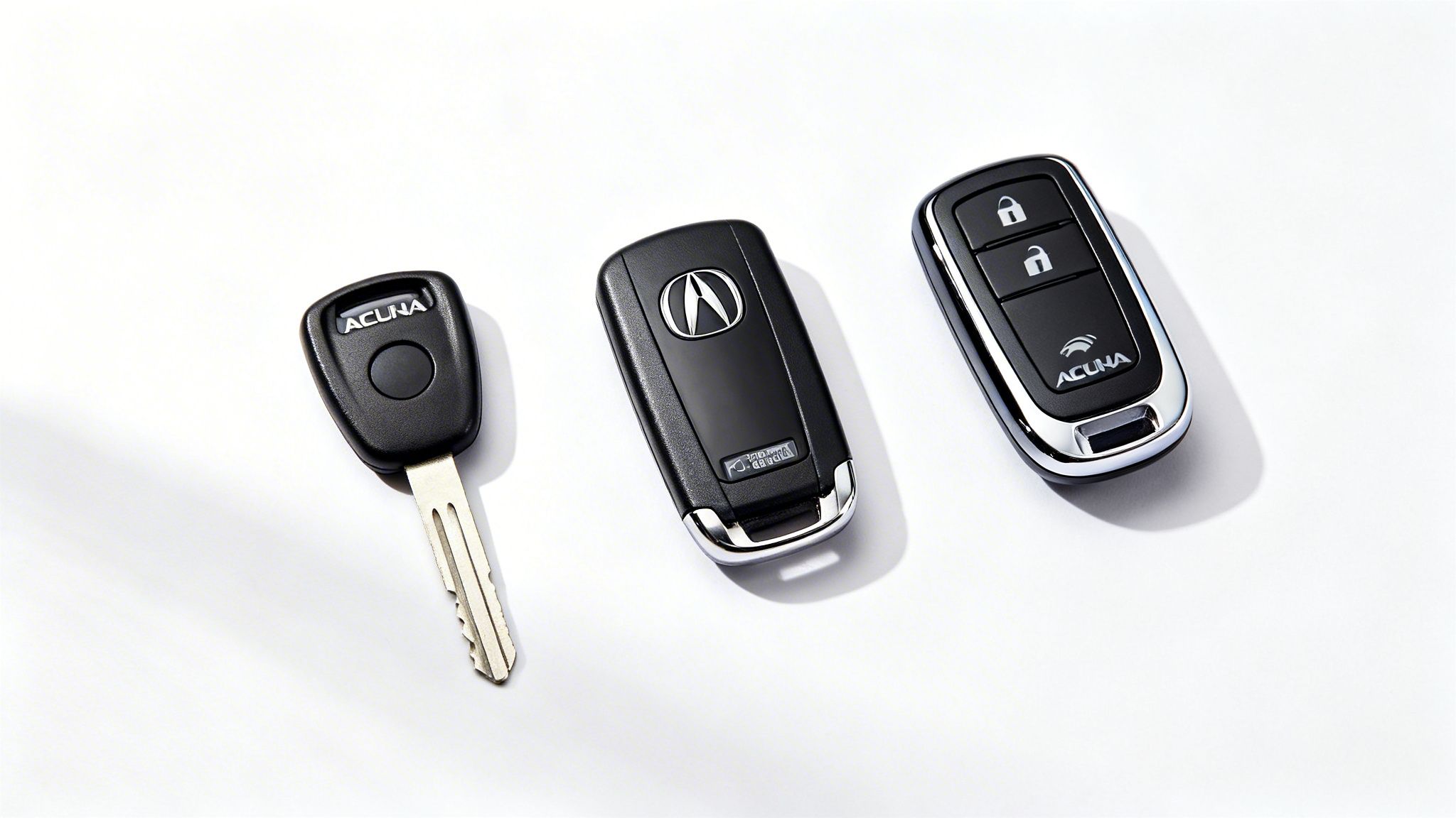A collection of three black Acura car keys and remote fobs on a white background.
