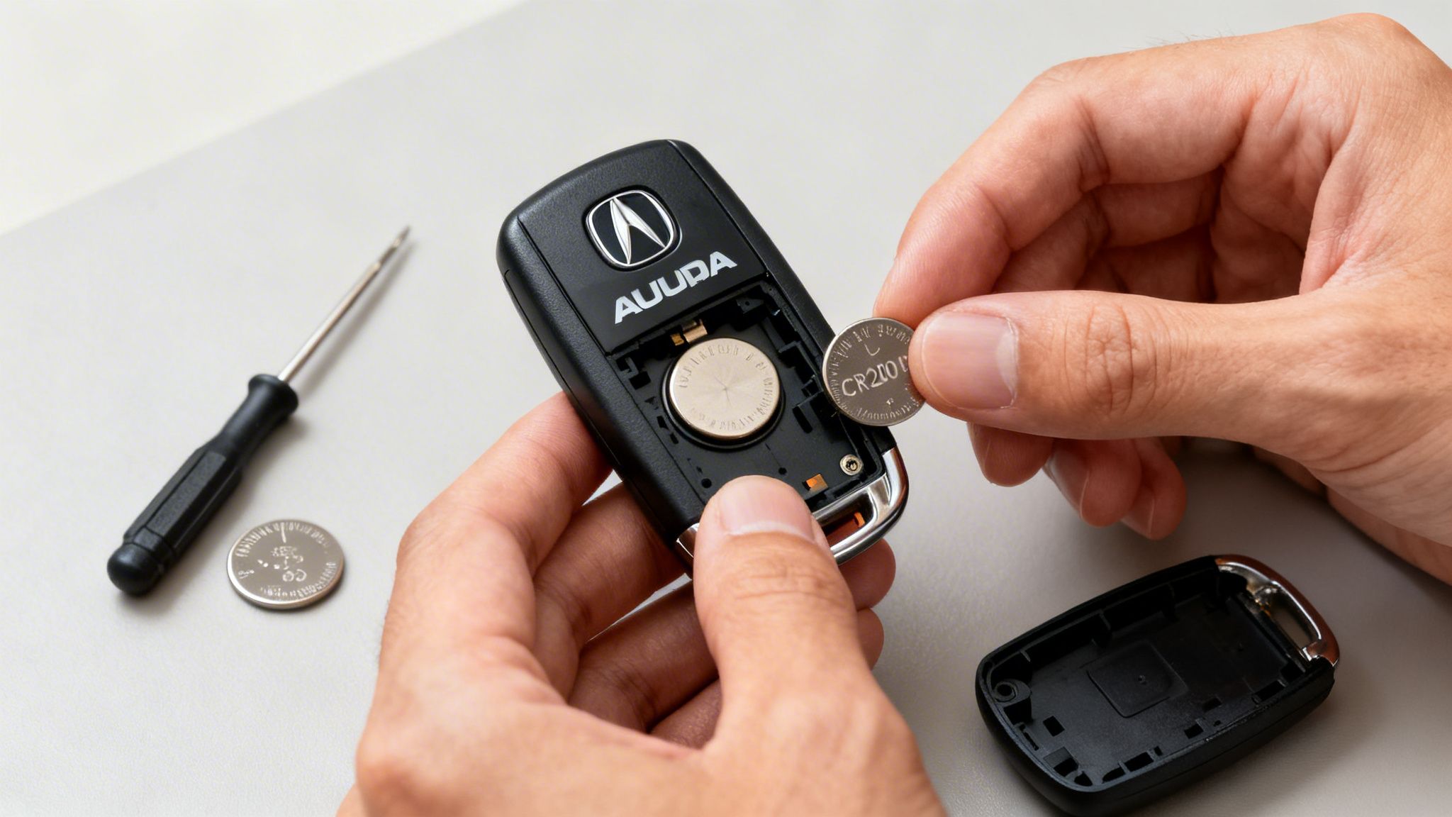 A person replaces the CR2032 battery in an Acura car key fob with a new one.