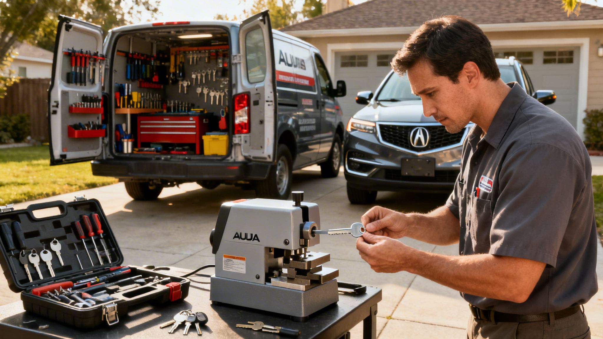 A professional locksmith uses a key cutting machine to duplicate a car key for an Acura.