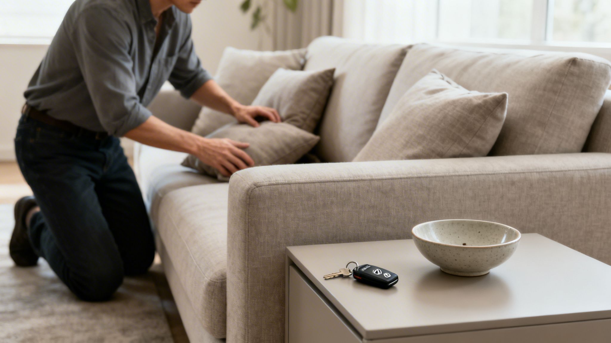 Man kneeling by a light gray sofa, searching cushions; Acura key fob and bowl on side table.
