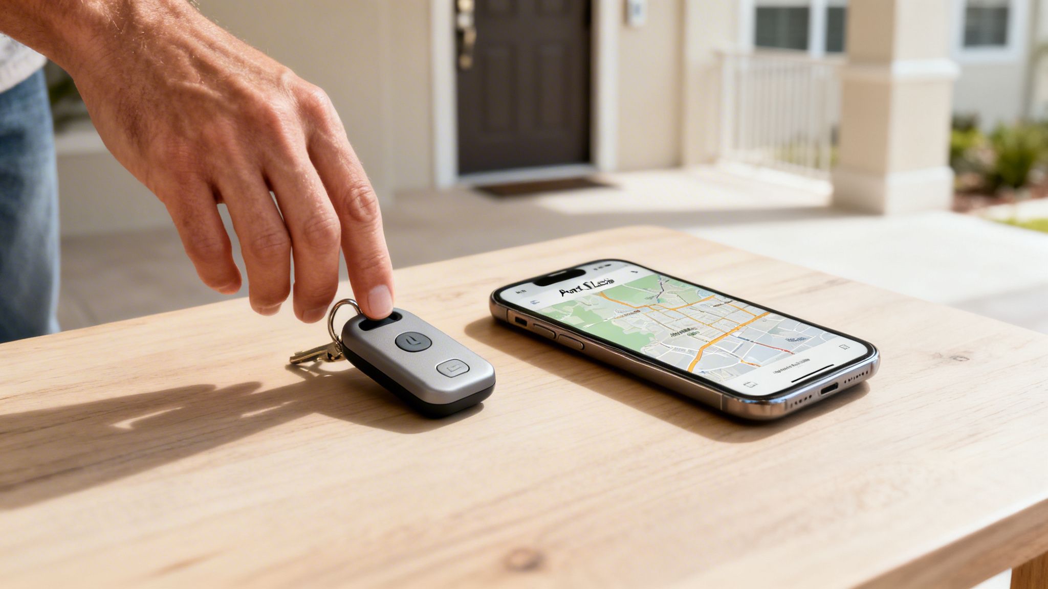 A hand presses a button on a gray key fob next to a phone showing a map.