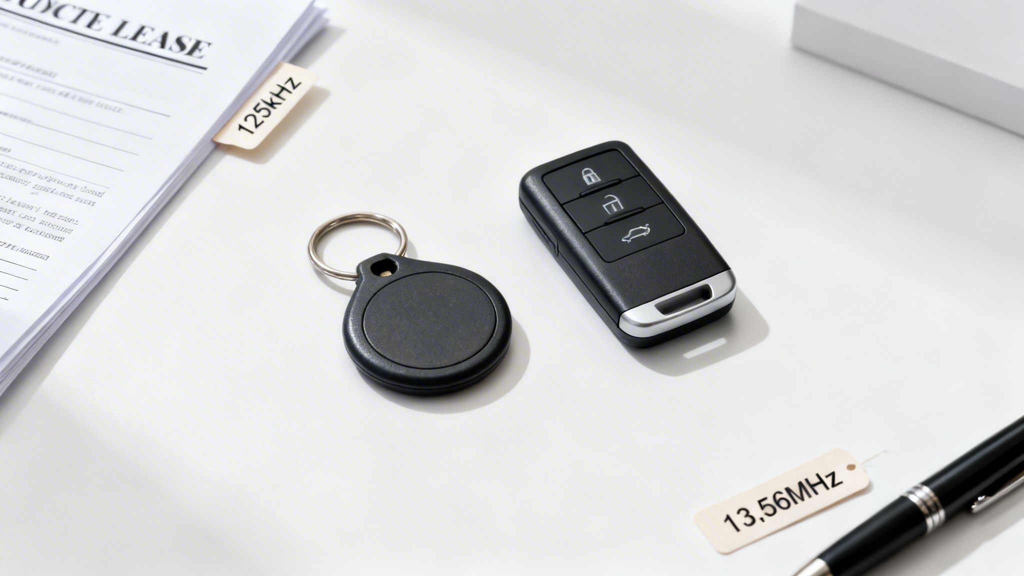 RFID key fob and car remote control next to lease documents and frequency labels.