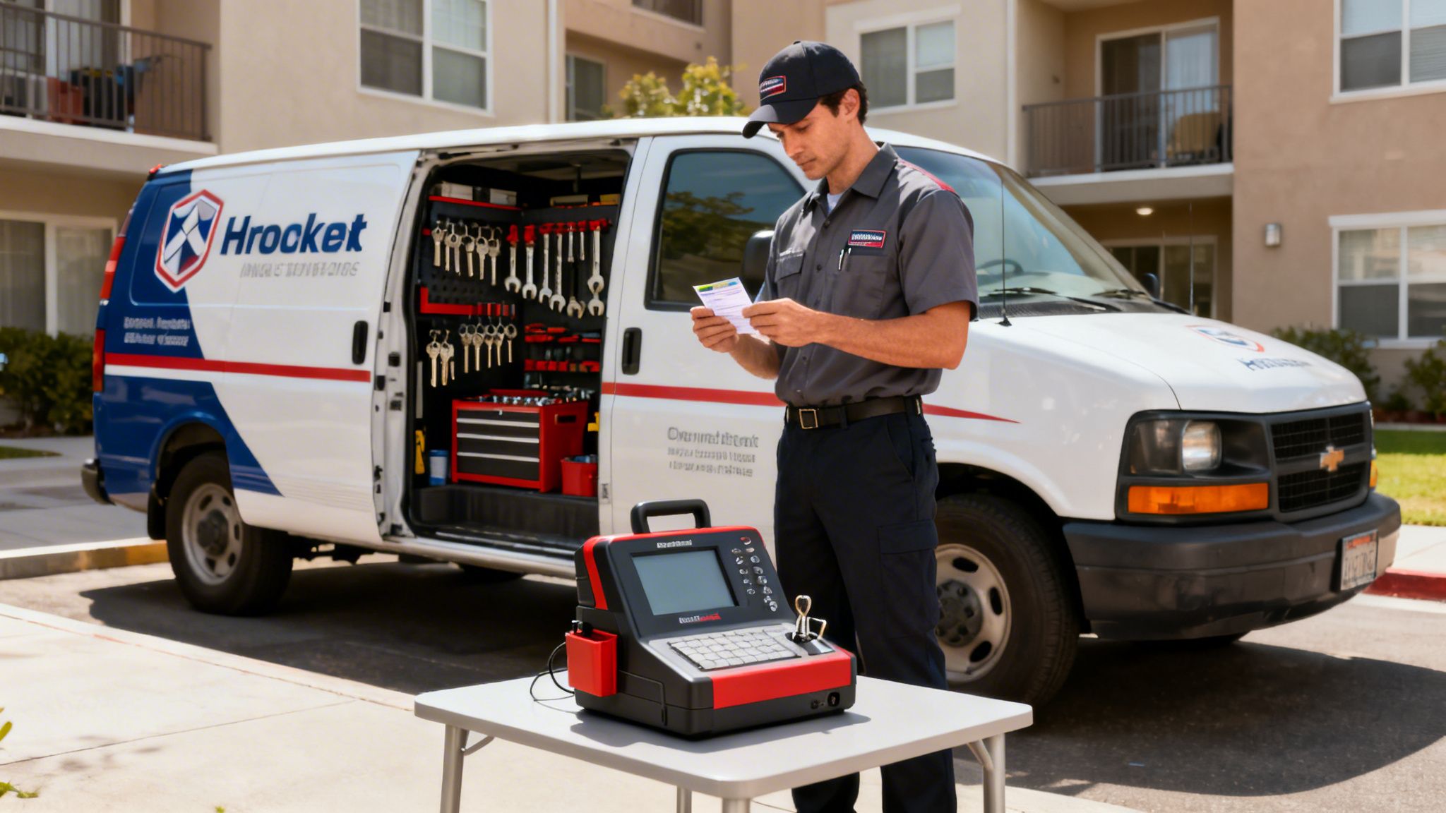 A technician stands by a service van with tools, examining a document near a key programming machine.