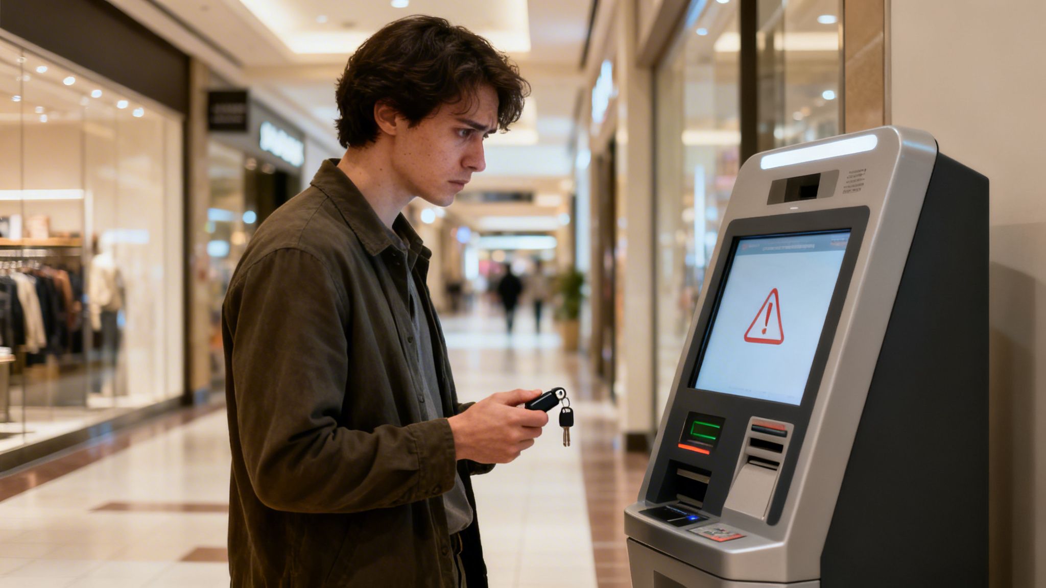 Frustrated man at a mall kiosk with an error message, holding an apartment key fob.
