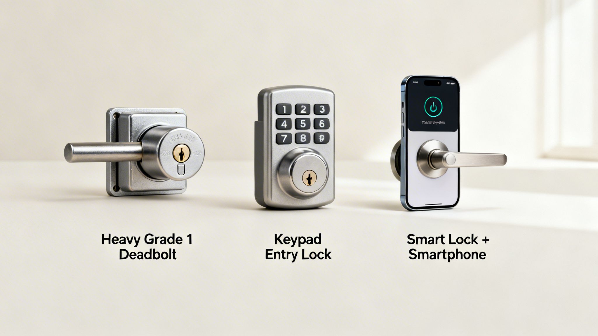 Three distinct door security solutions: a heavy-grade deadbolt, a keypad entry lock, and a smart lock with a smartphone.