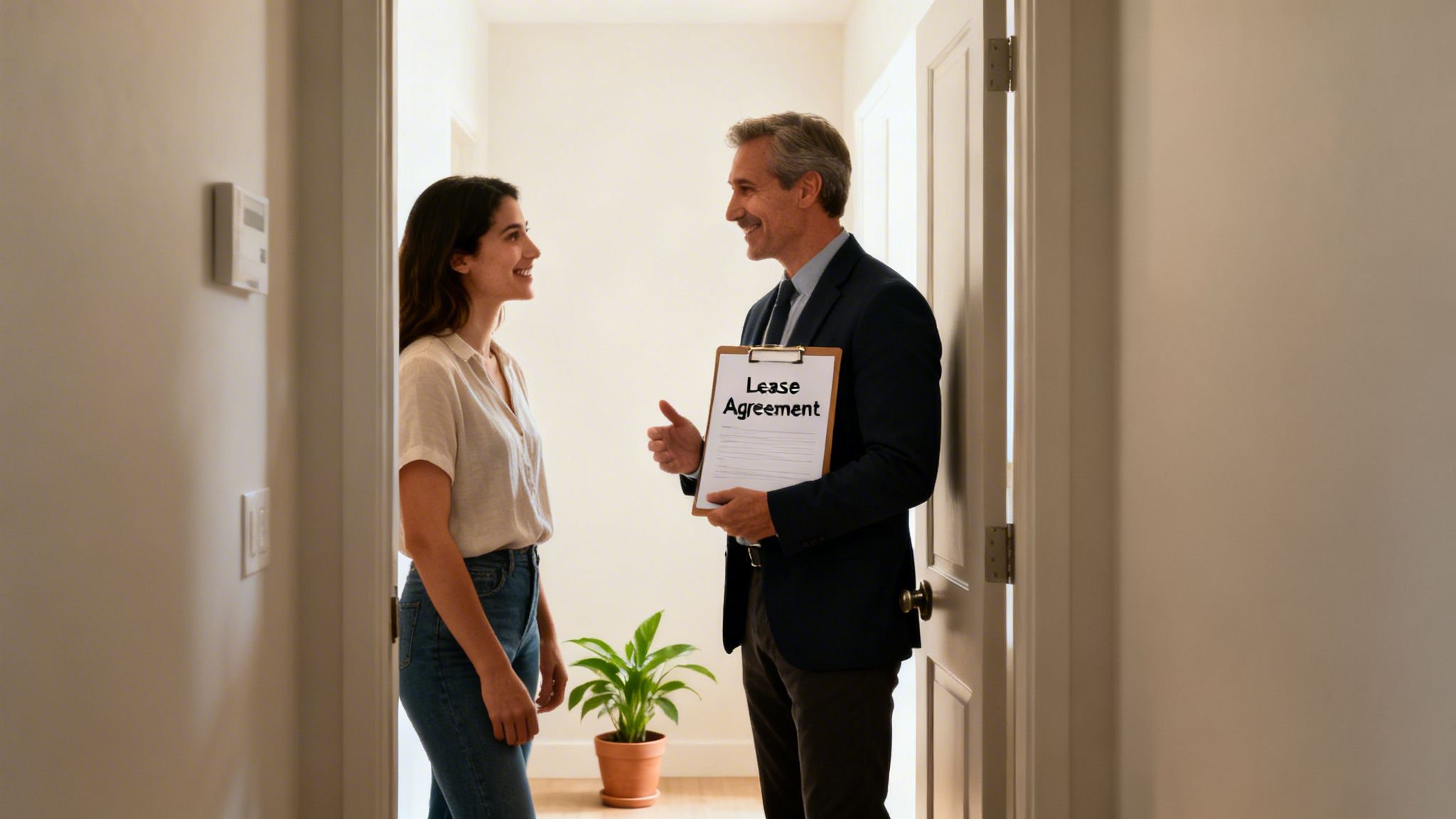 A man holds a lease agreement, talking and smiling with a woman in an apartment hallway.
