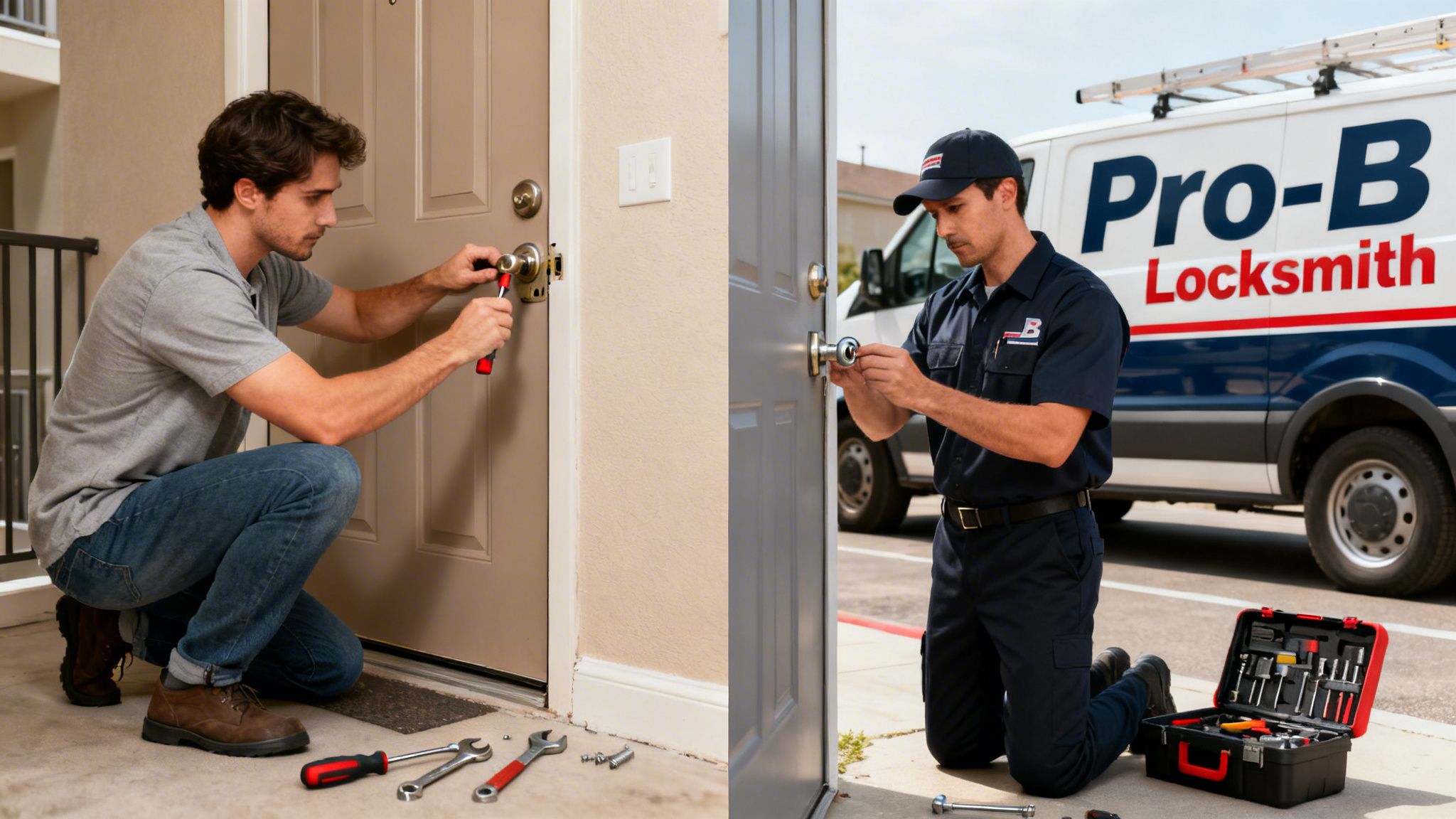 A split image: a man fixing a door lock, and a professional locksmith working on a door.