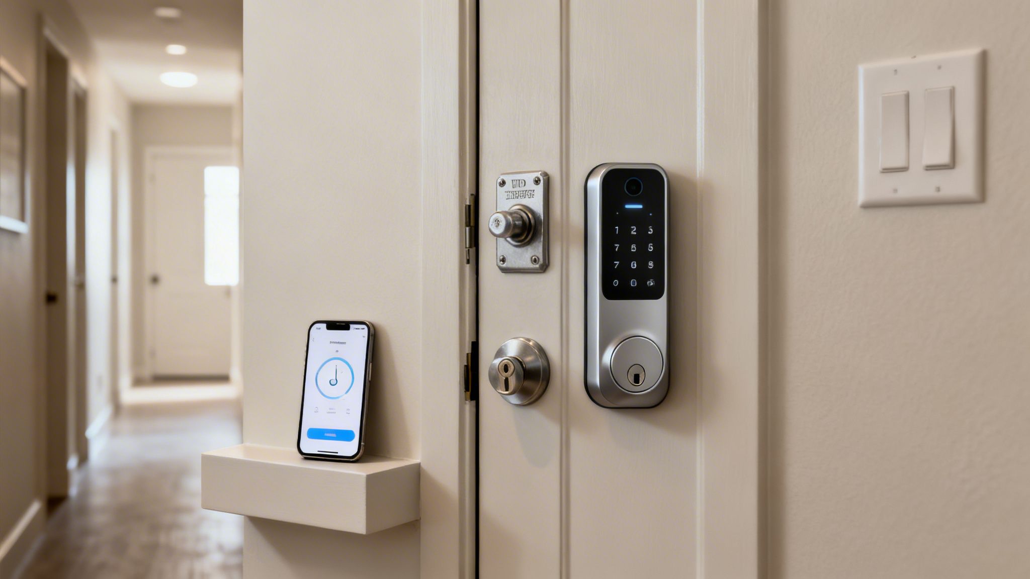 A modern smart lock with a keypad on a white door, alongside a smartphone displaying a lock control app.