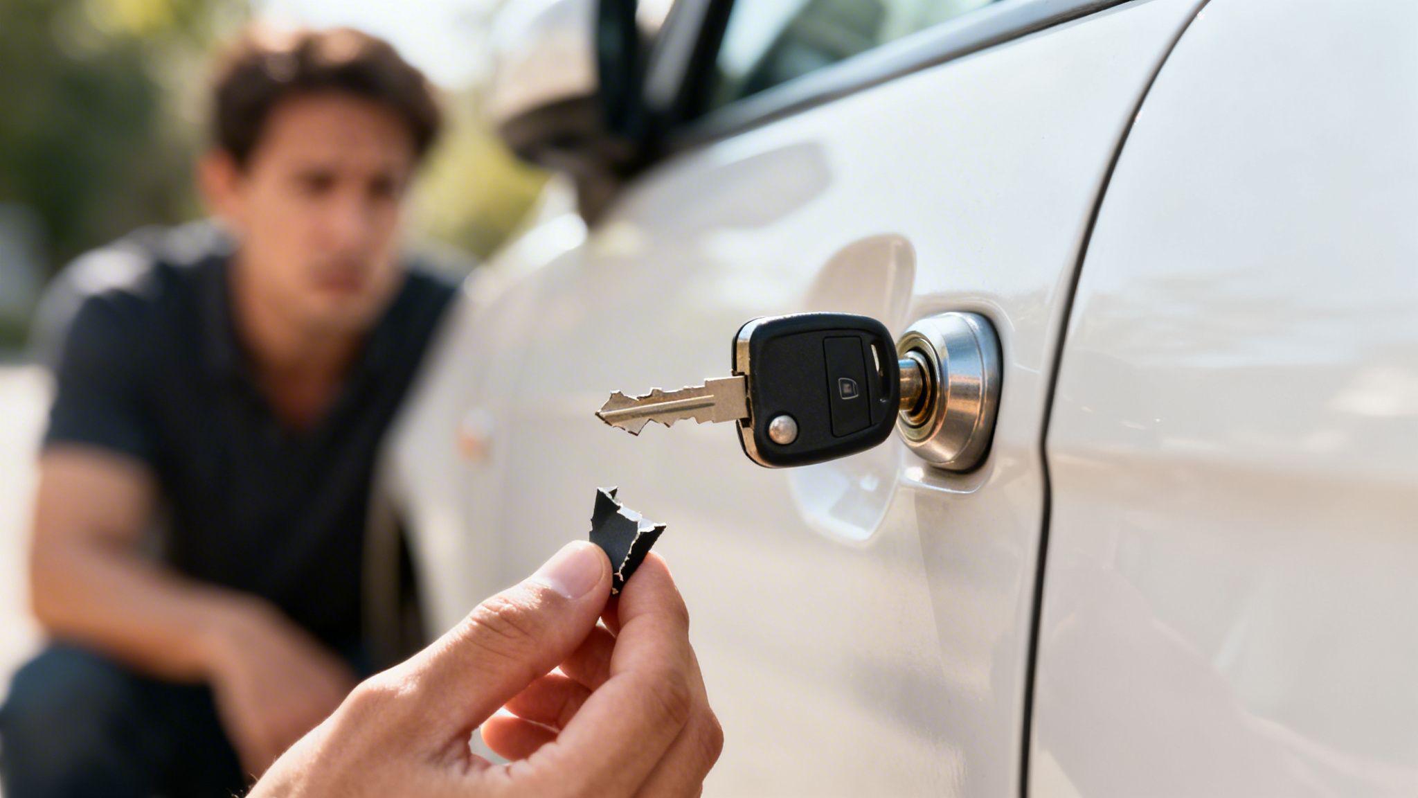 A person's hand holds a broken car key remote while the key blade is stuck in a white car door lock.