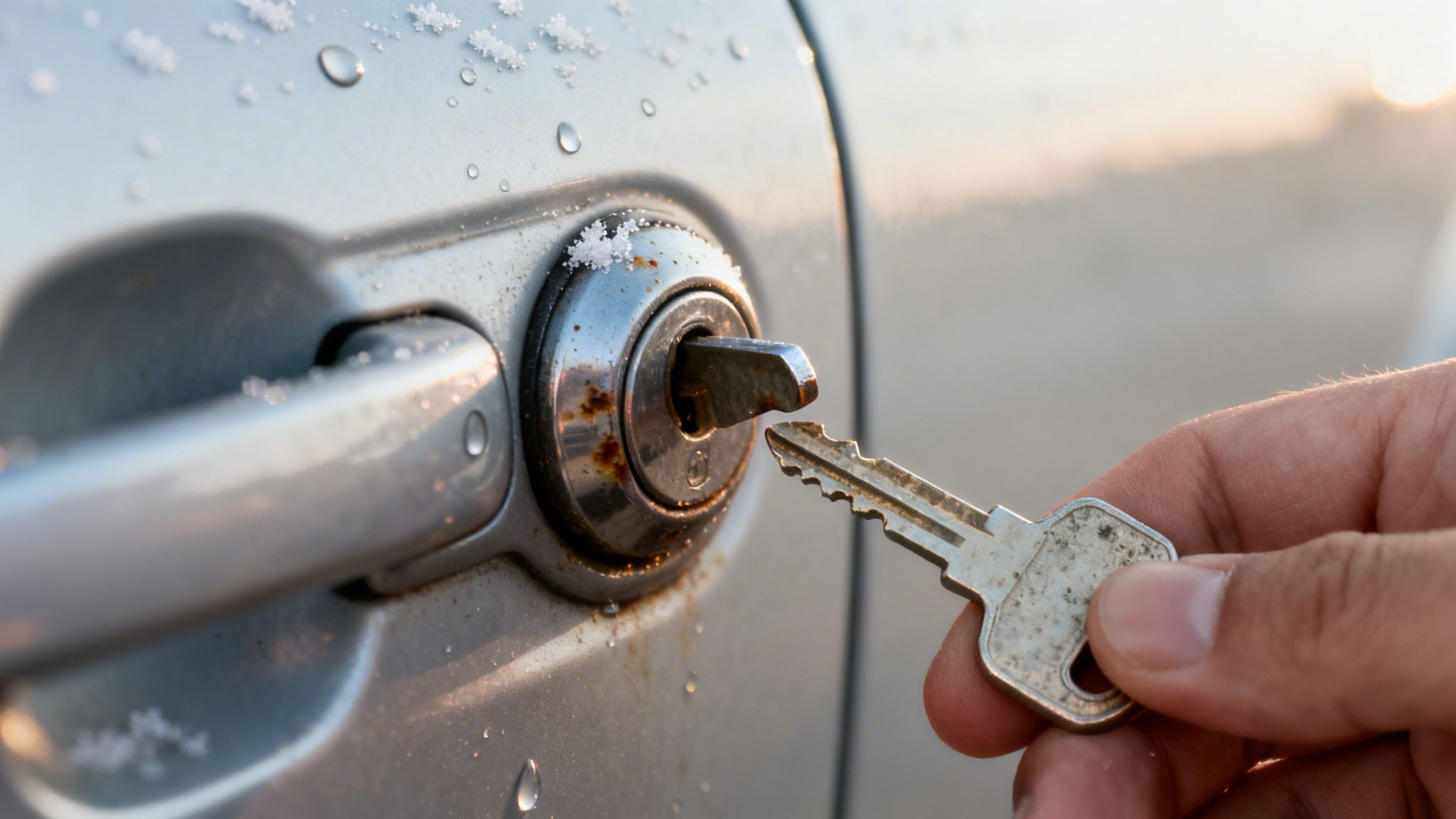 A hand holds a car key next to a rusty car door lock covered in snow and water droplets.