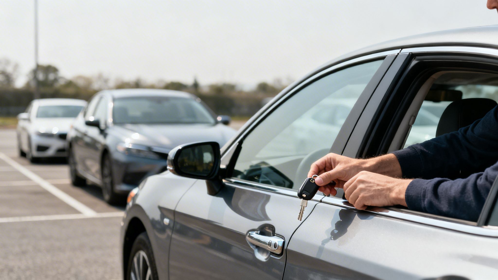 Man's hands holding car keys, about to unlock a silver car in a parking lot.