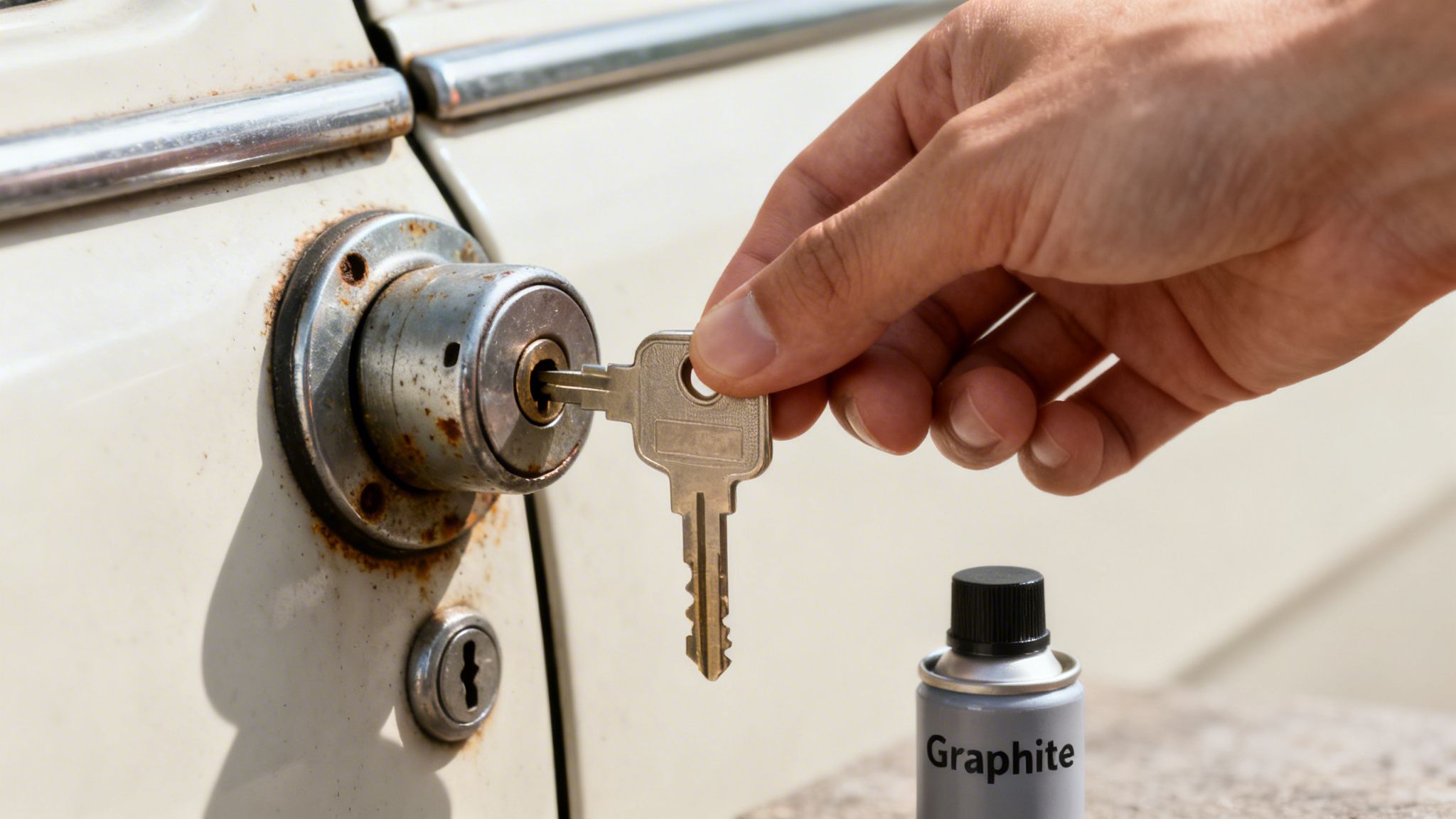 A hand inserts a key into a rusty old car door lock, with a can of graphite lubricant nearby.
