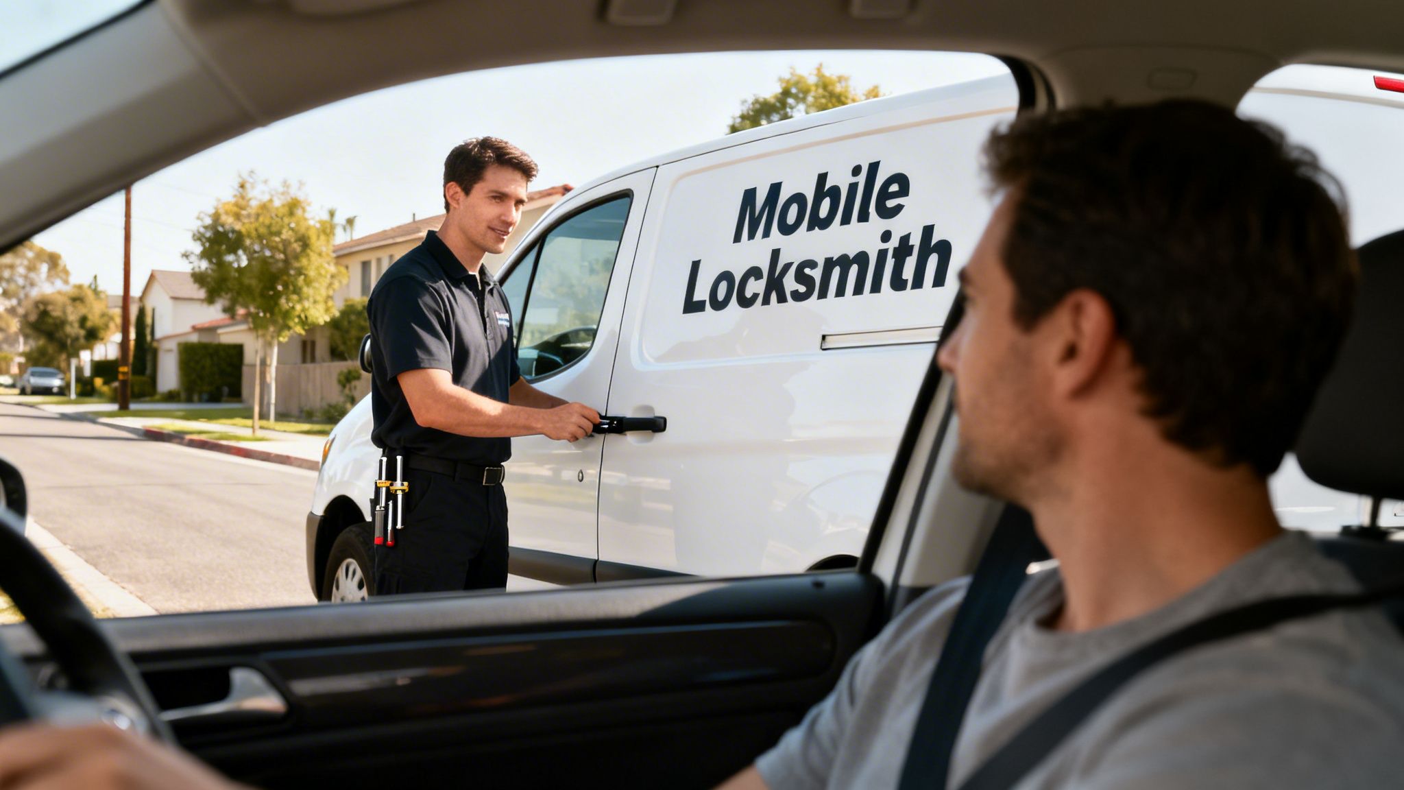 A mobile locksmith opening a car door for a driver on a sunny residential street.