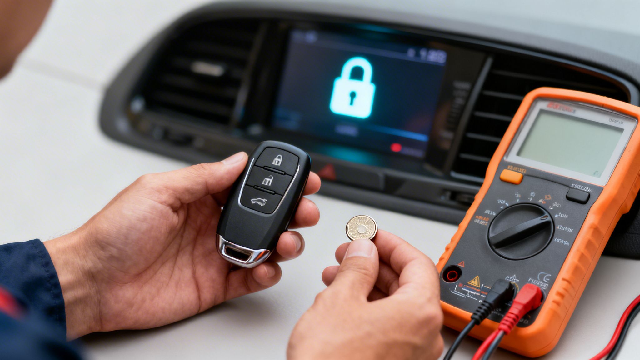 A person tests a car key fob battery with a multimeter, car door locked on screen.