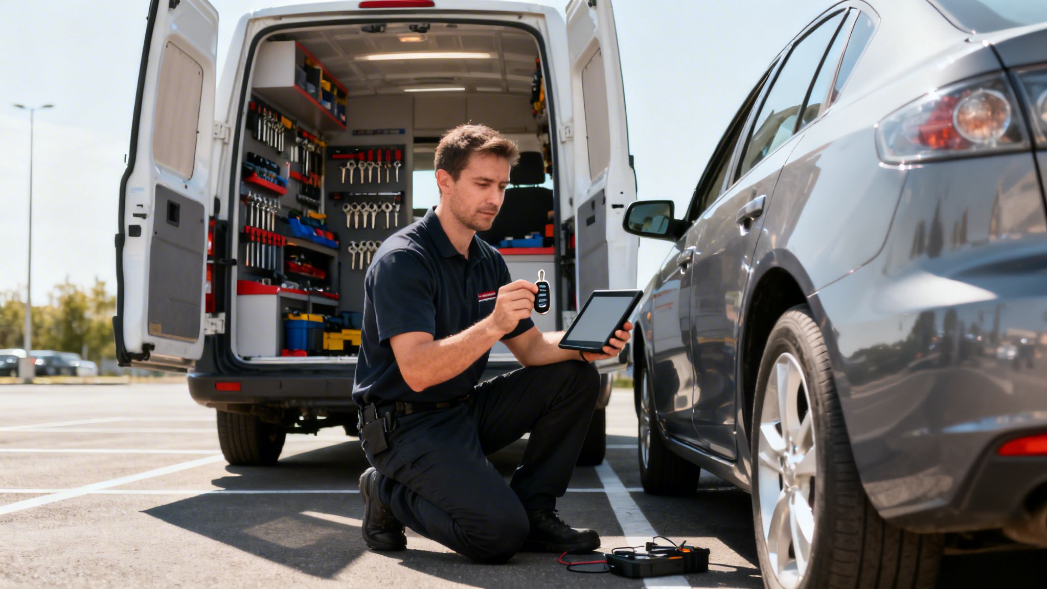 A locksmith programs a car key remote using a tablet next to a car, with a tool van in the background.