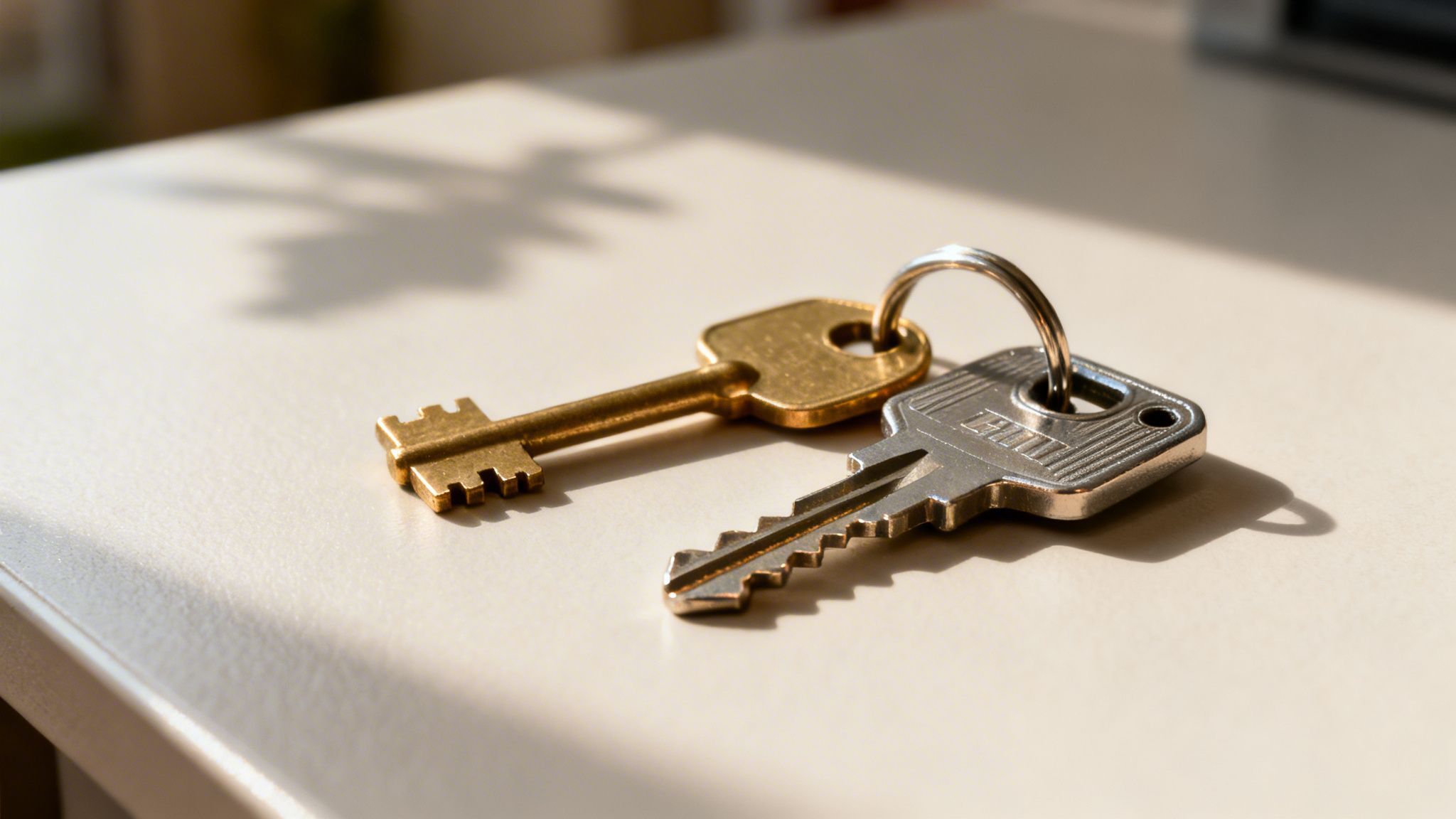 Two keys, one golden and one silver, on a light surface with sunlight and shadows.