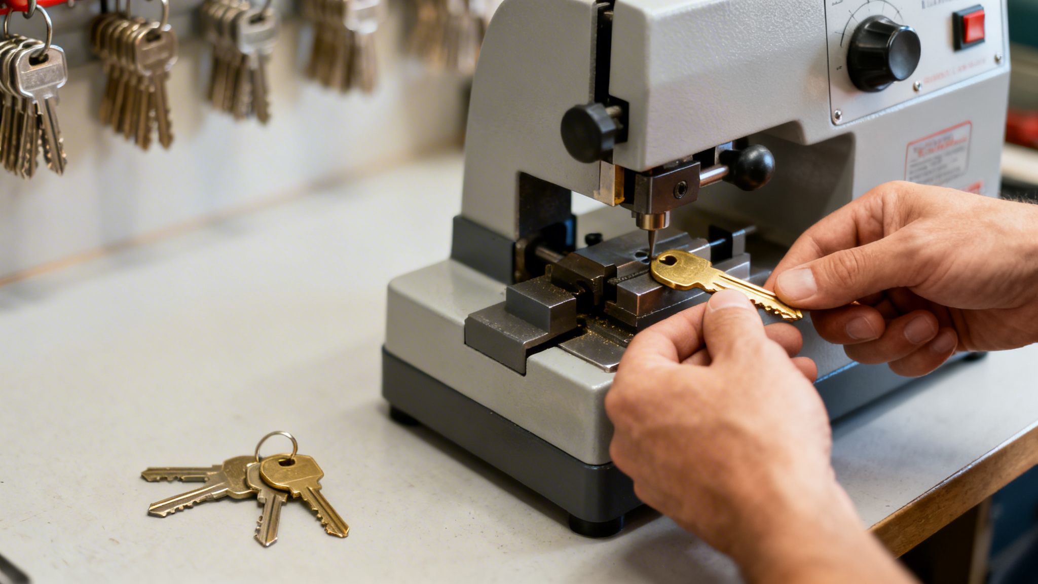 Close-up of a locksmith's hands using a key cutting machine to duplicate a golden key.