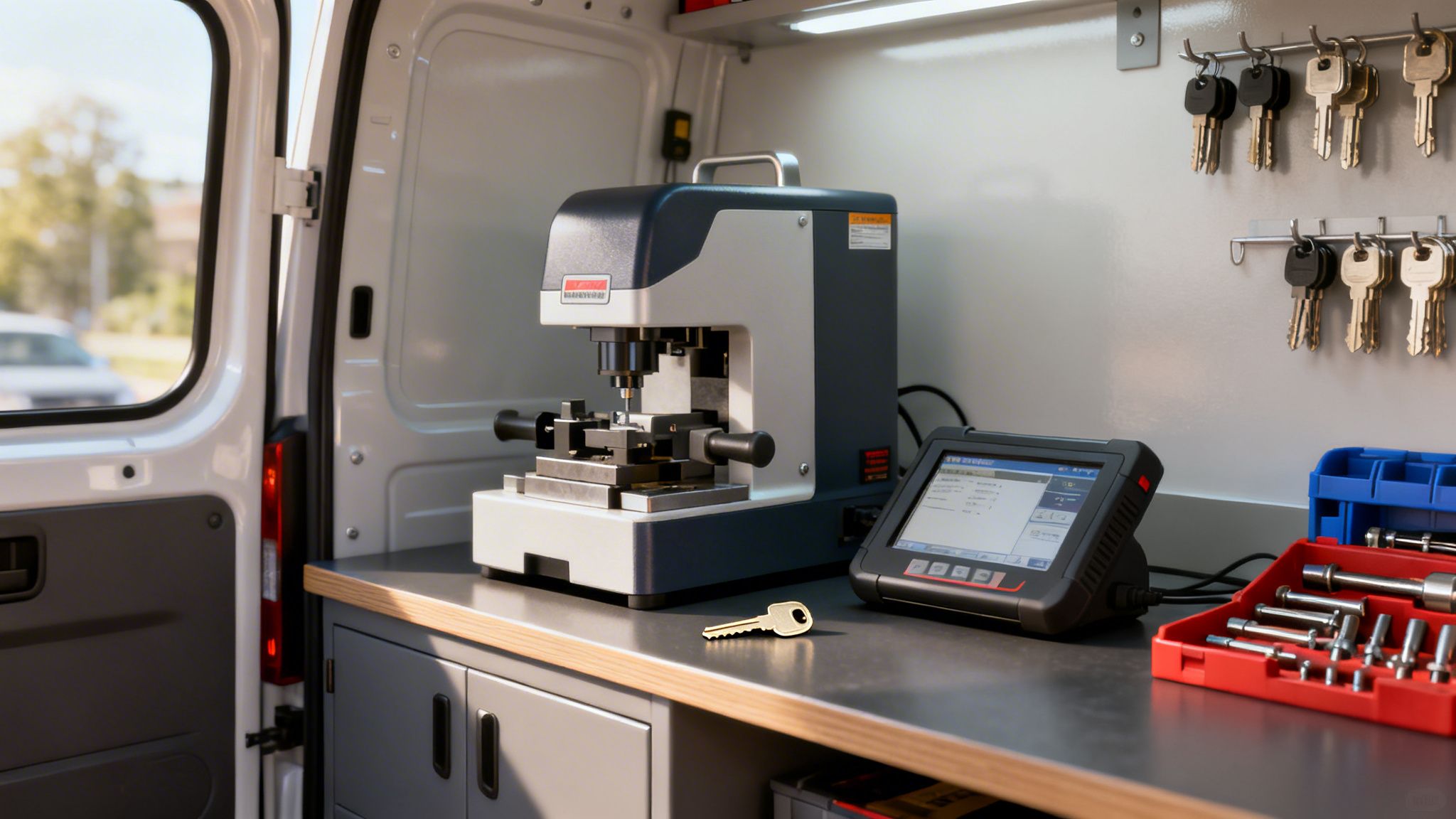 Inside a mobile locksmith van, a key cutting machine and digital control panel are ready for use, alongside various keys.