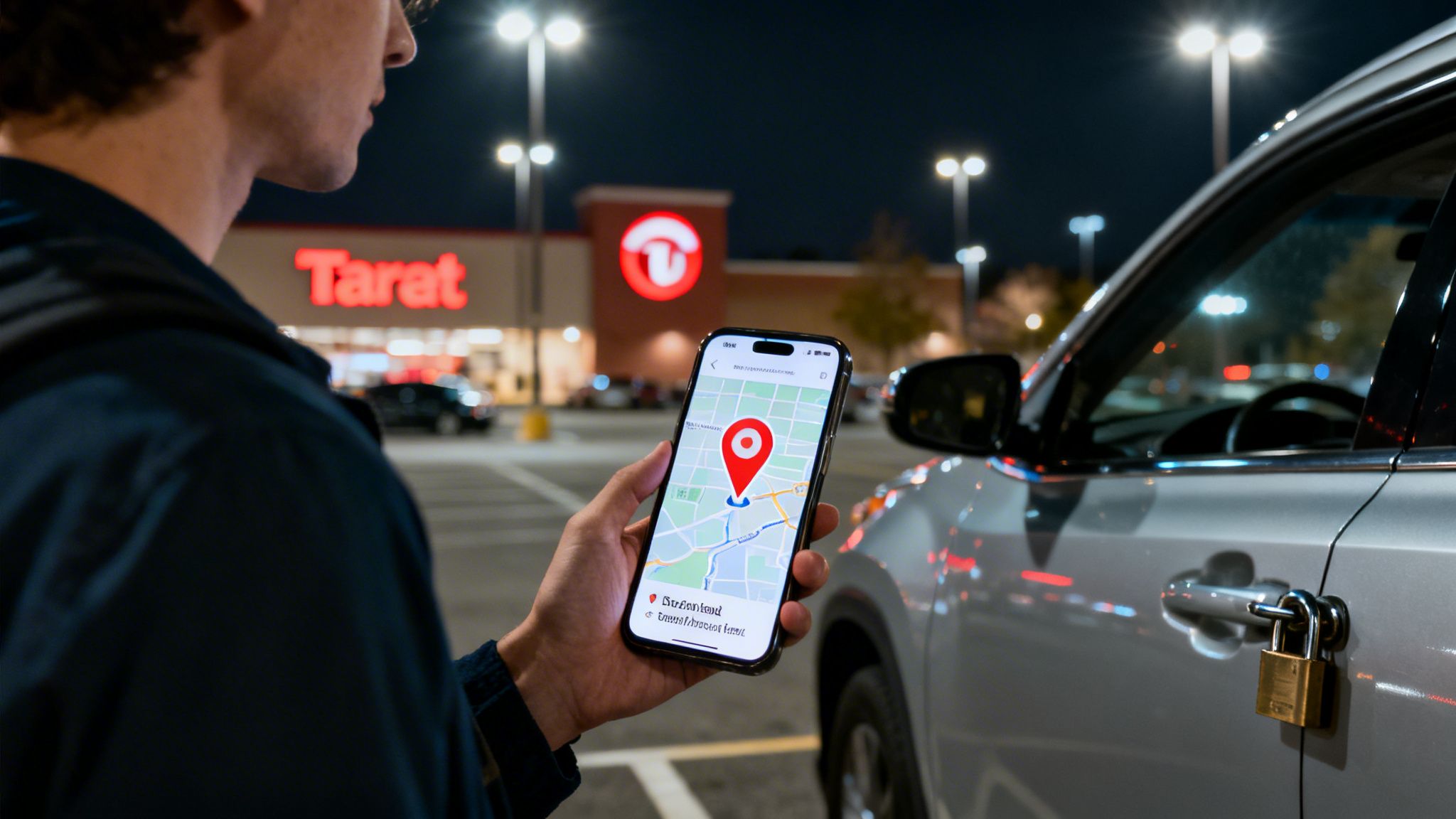 Man holding smartphone showing a map with a location pin next to a car with a padlock.