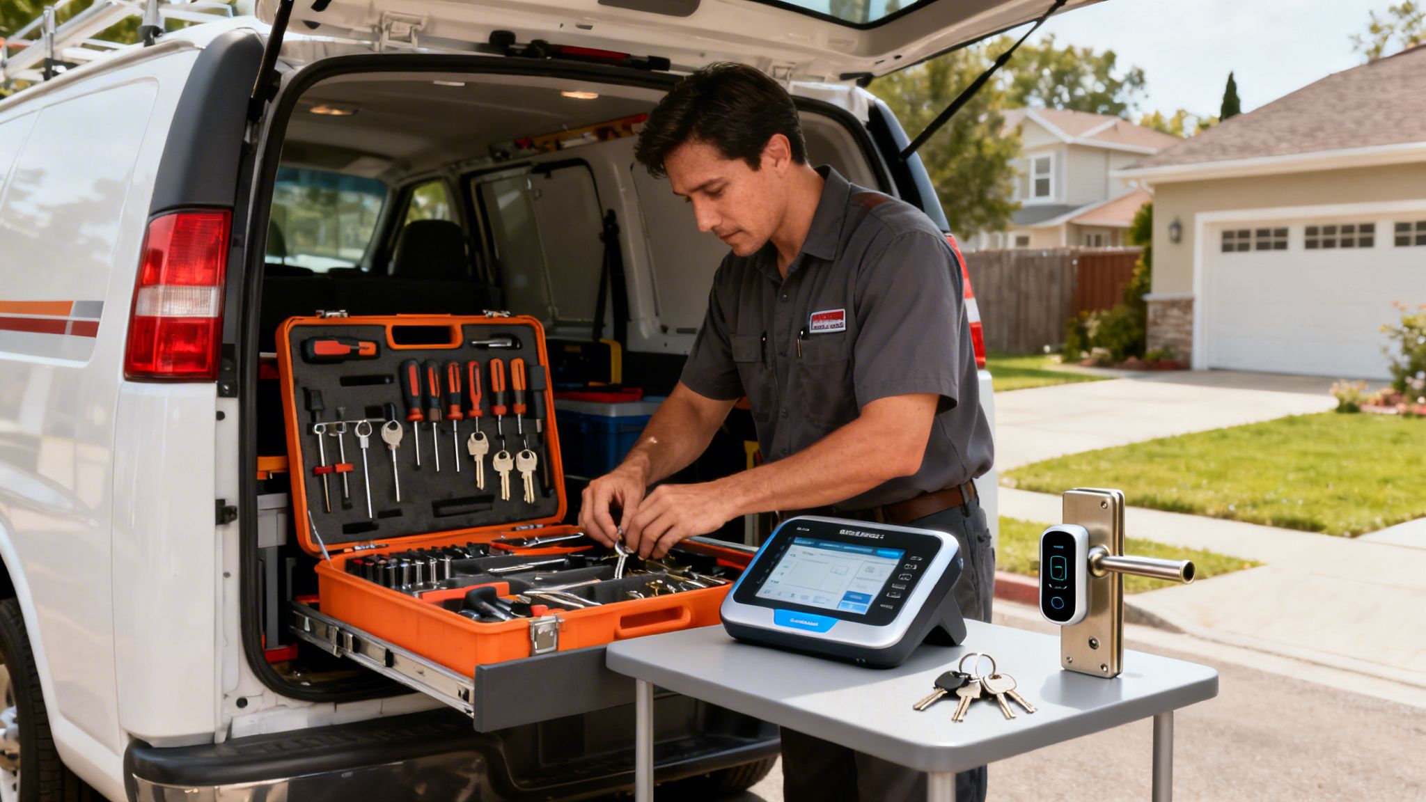 A male locksmith technician servicing tools from his van with a smart lock and tablet.