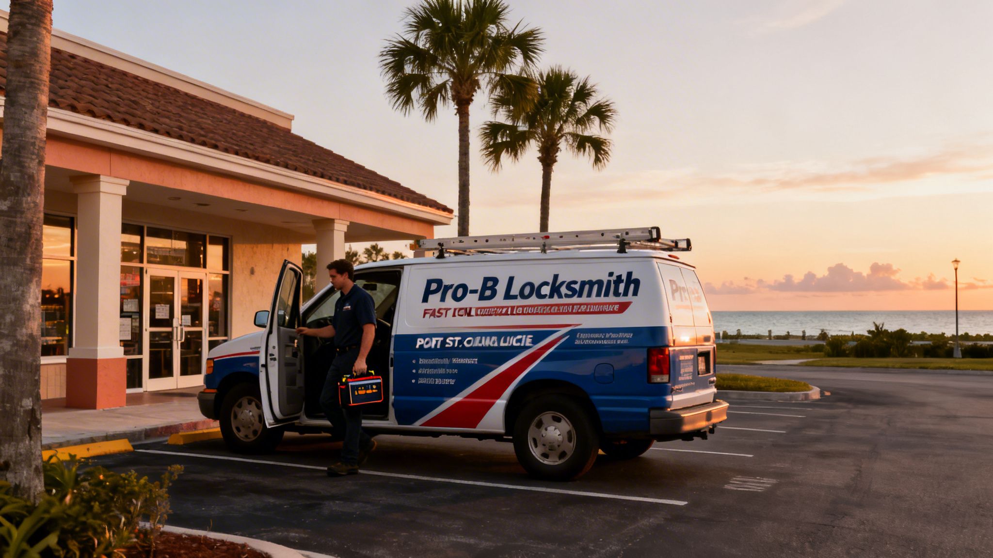 A locksmith exits a Pro-B Locksmith van with a toolbox in front of a building at sunset.