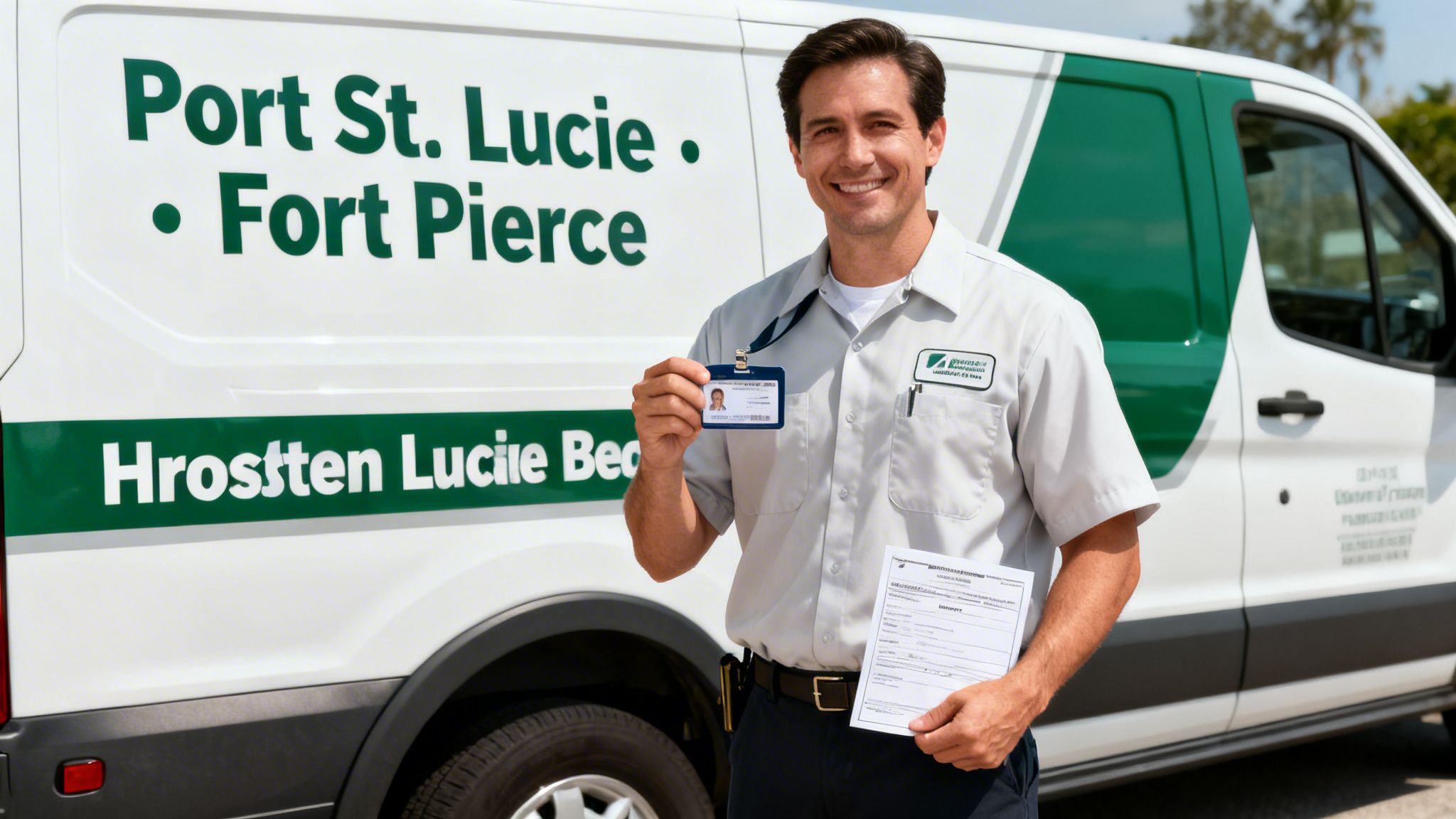 A smiling service technician holding an ID badge and documents in front of a service van.