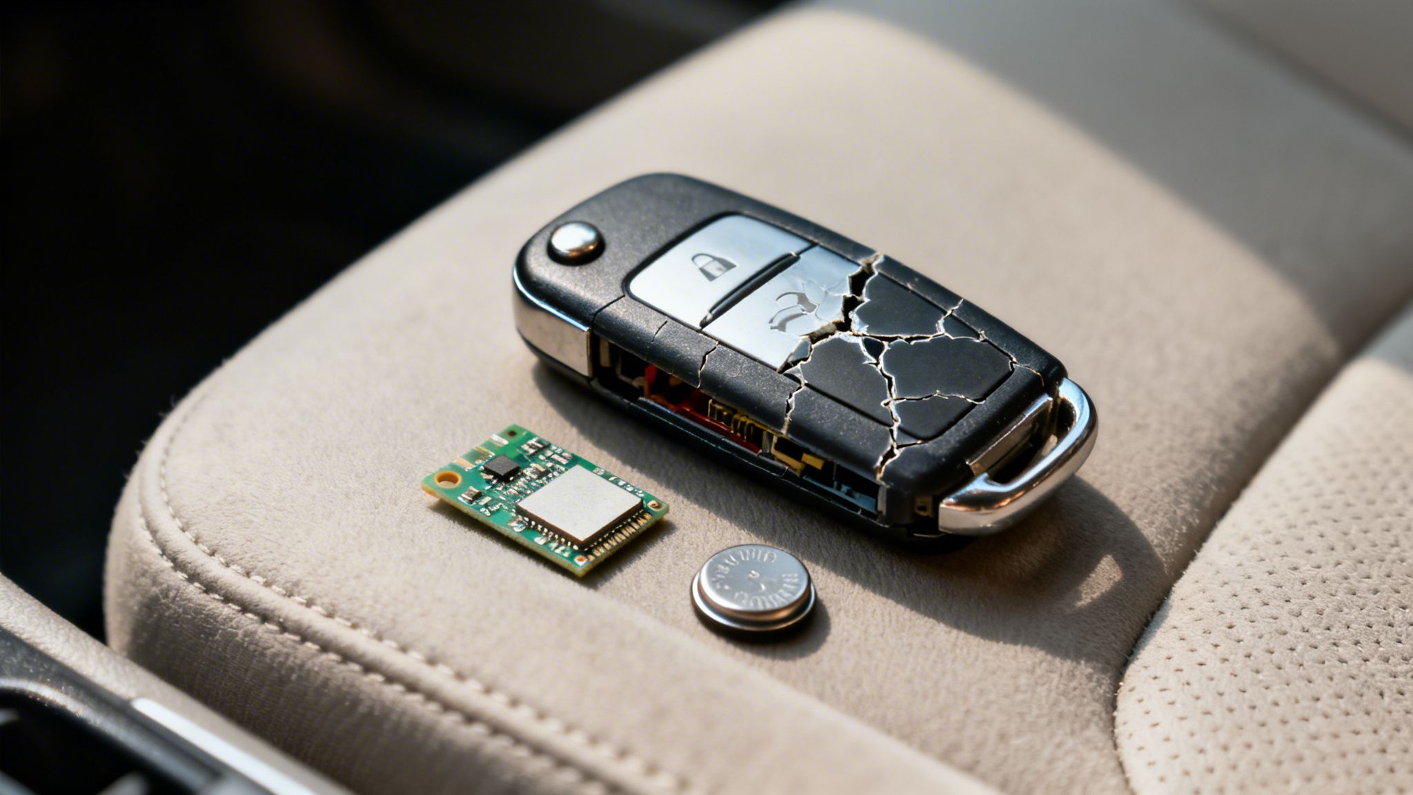 A broken car key fob with its circuit board and battery lying on a car seat.