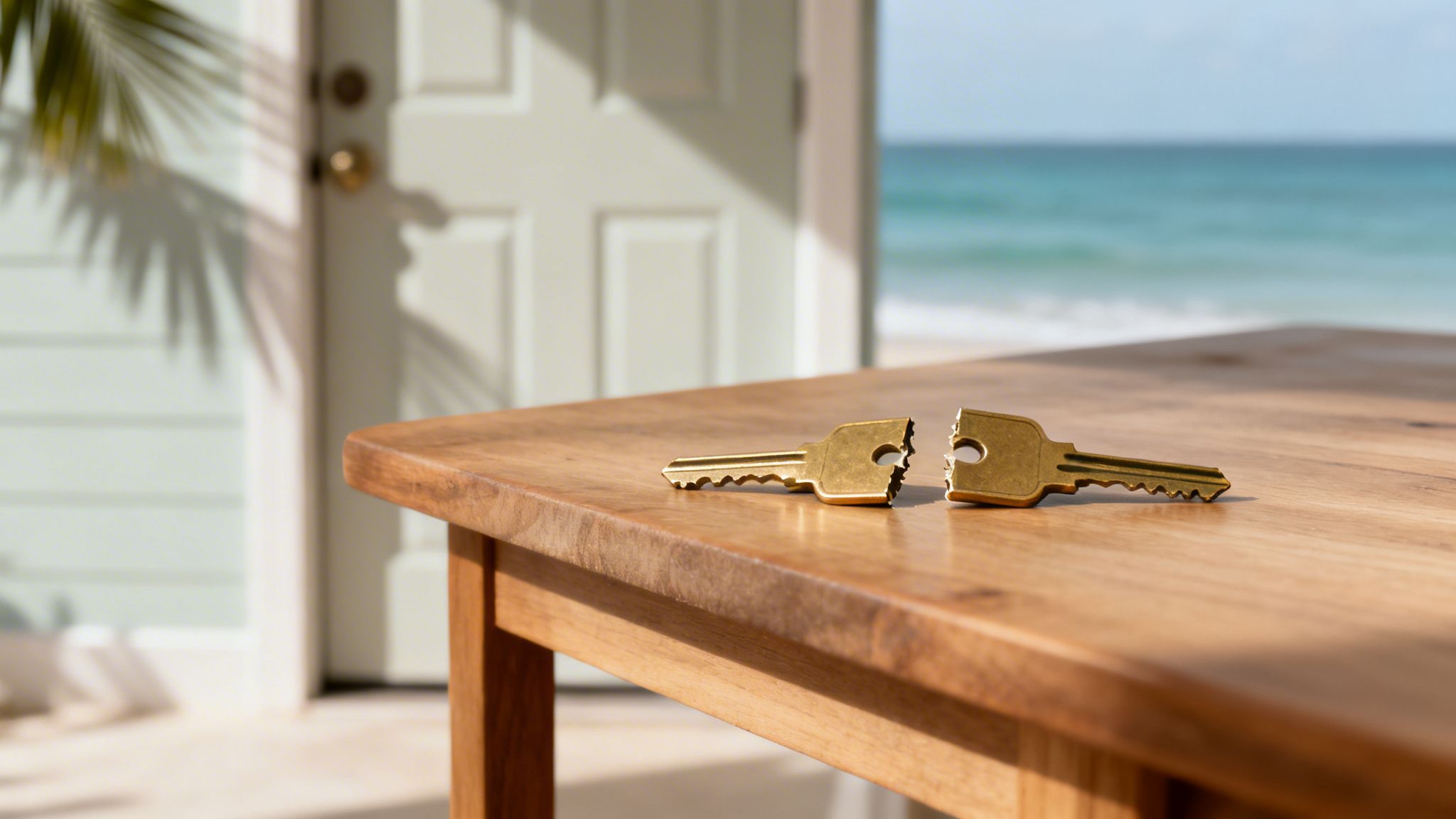 A broken golden key lies on a wooden table with a beach house and ocean in the background.