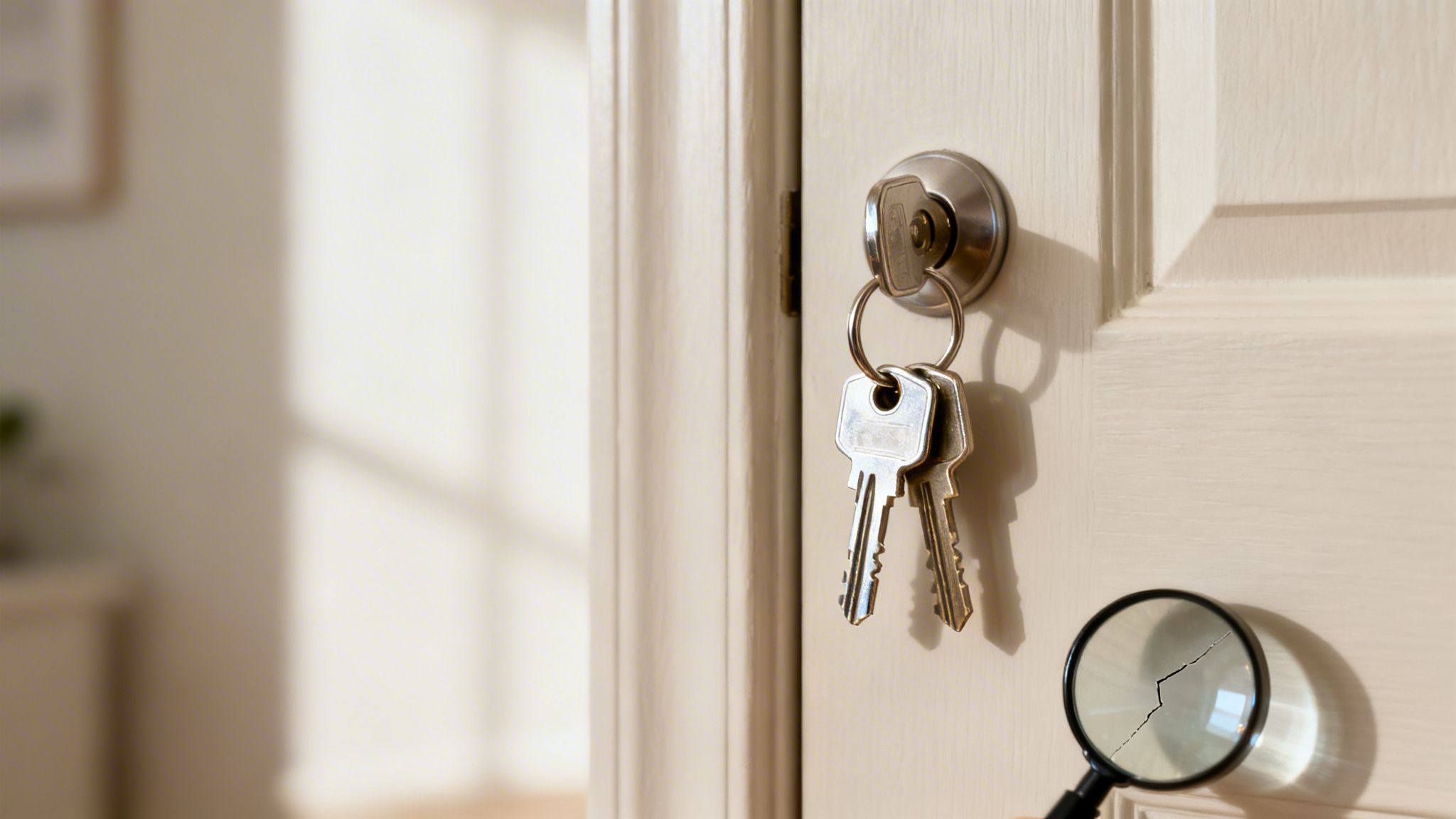 A set of keys hanging in a door lock, with a cracked magnifying glass nearby.