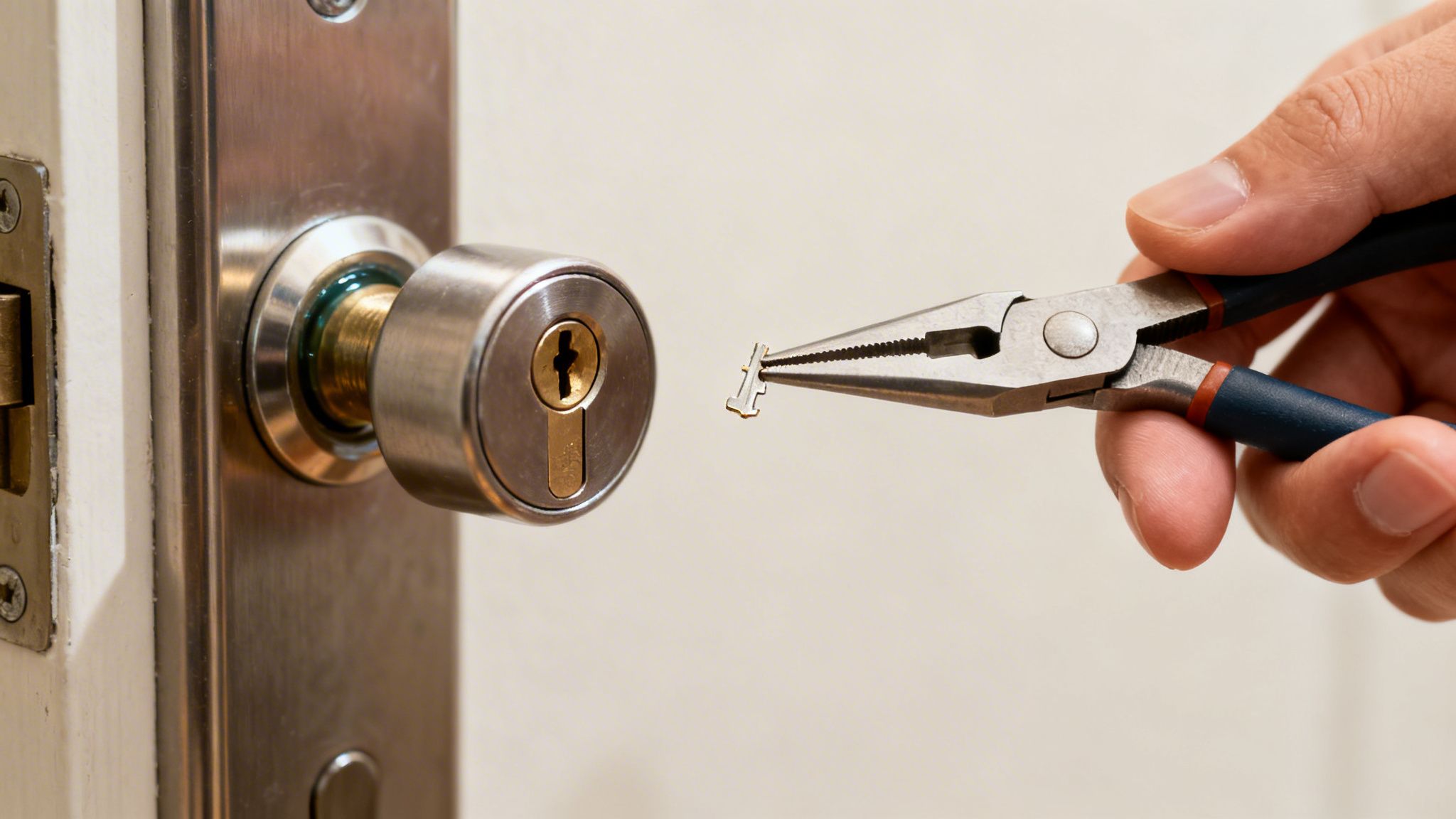 A hand uses pliers to hold a broken key piece next to a door lock cylinder.