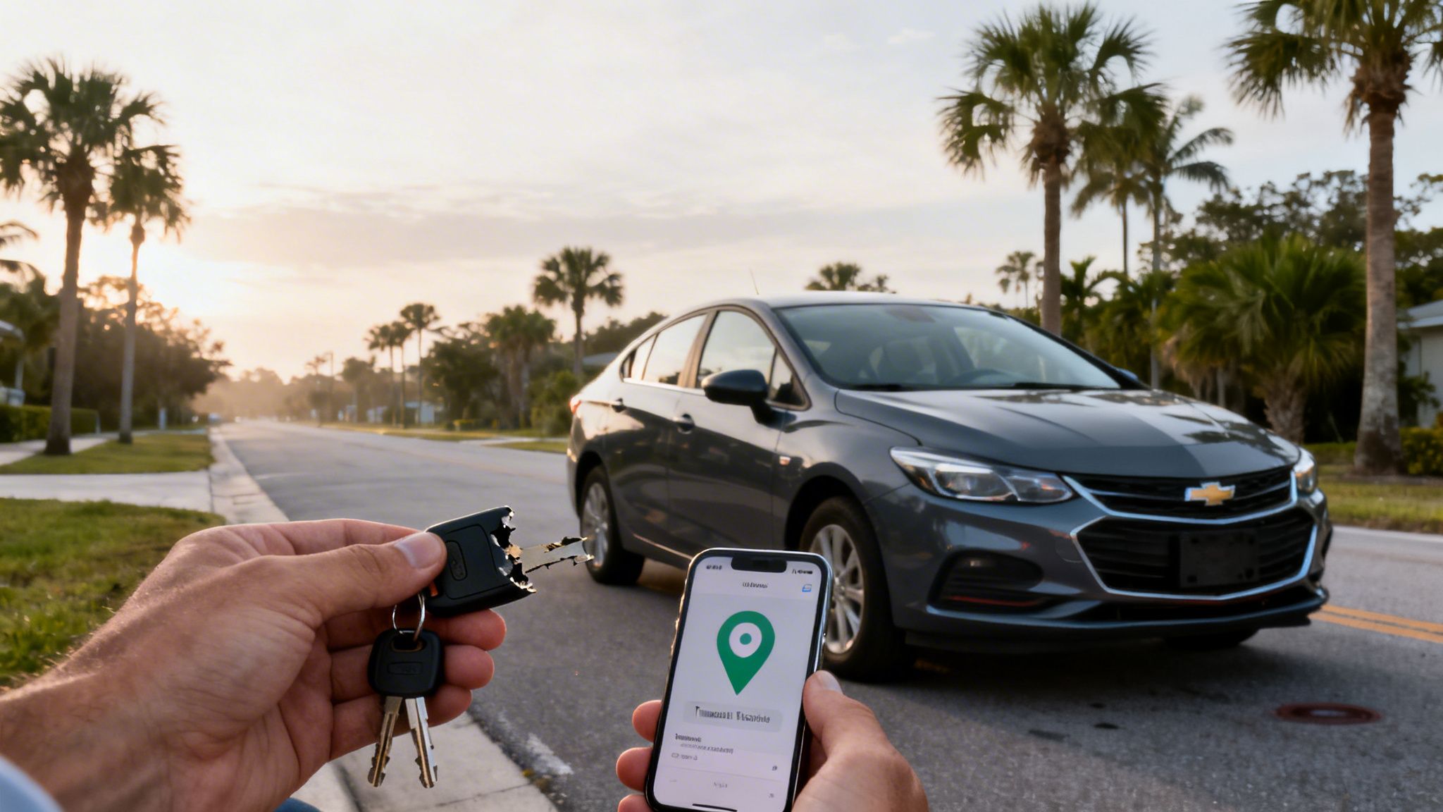 A person holds broken car keys and a smartphone showing a car's location near a gray Chevrolet sedan on a street.