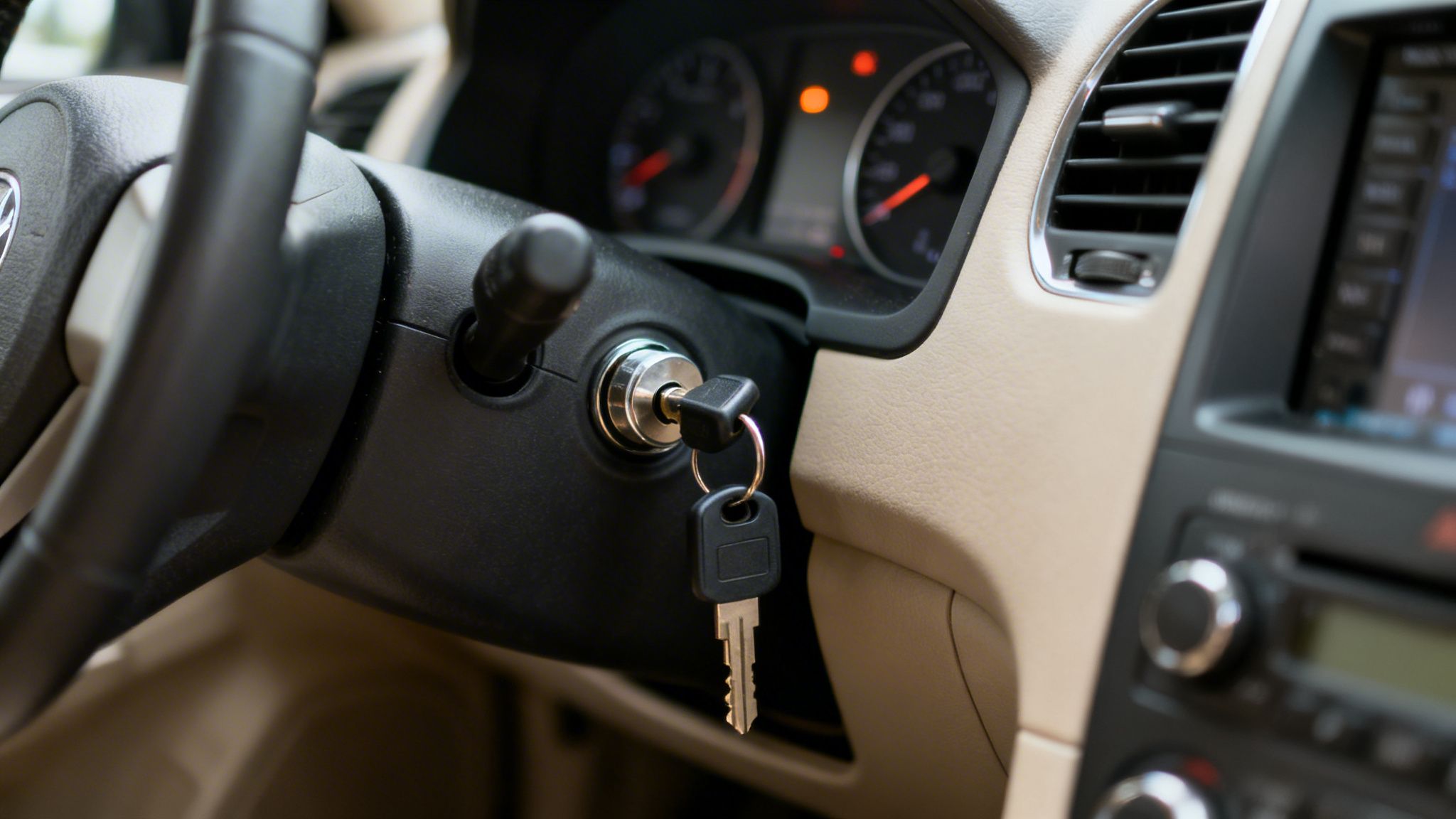 Car key inserted into the ignition barrel of a vehicle, with dashboard and steering wheel visible.