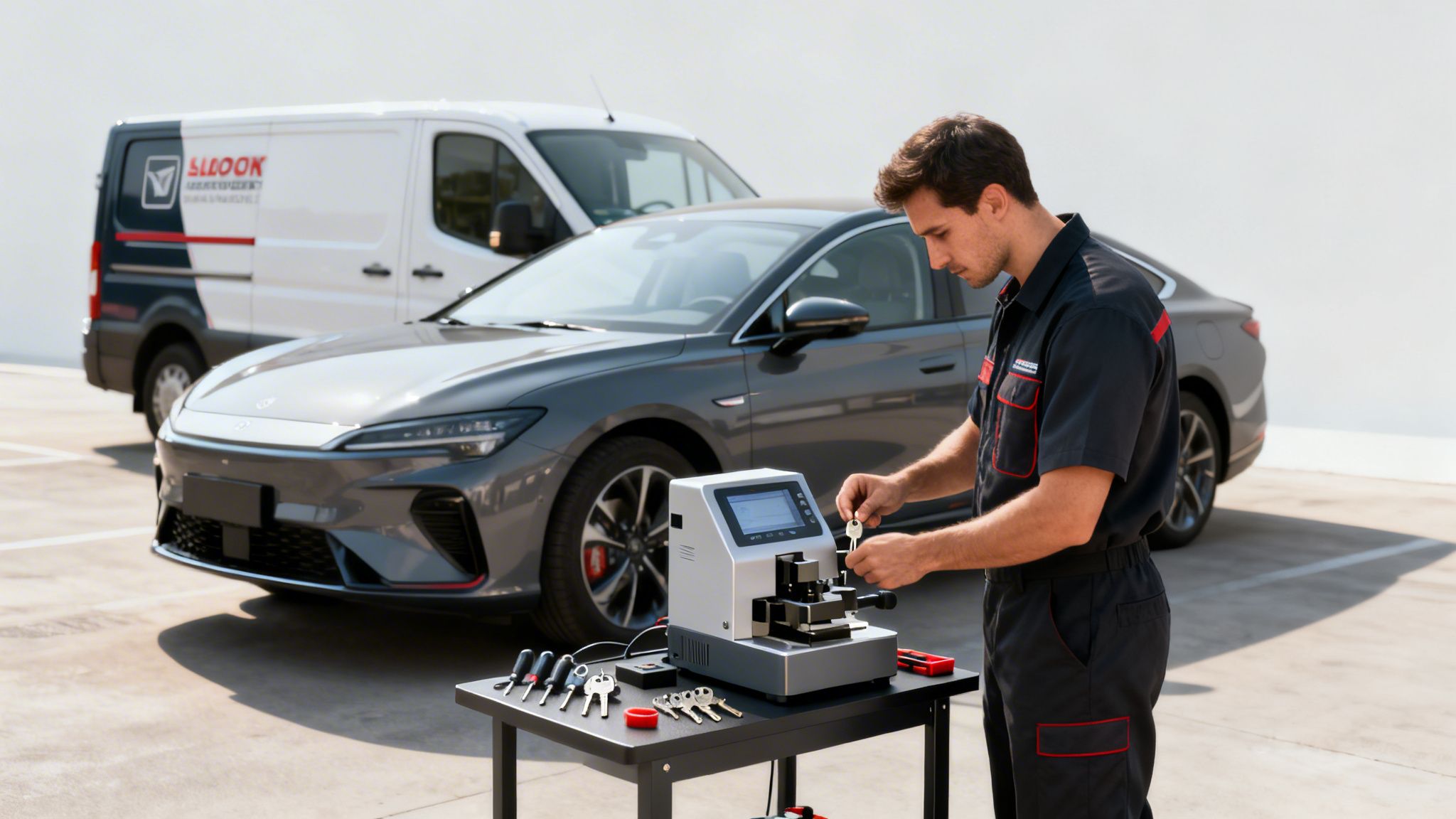 Technician cutting a new car key using a specialized machine, with a modern car and service van behind him.