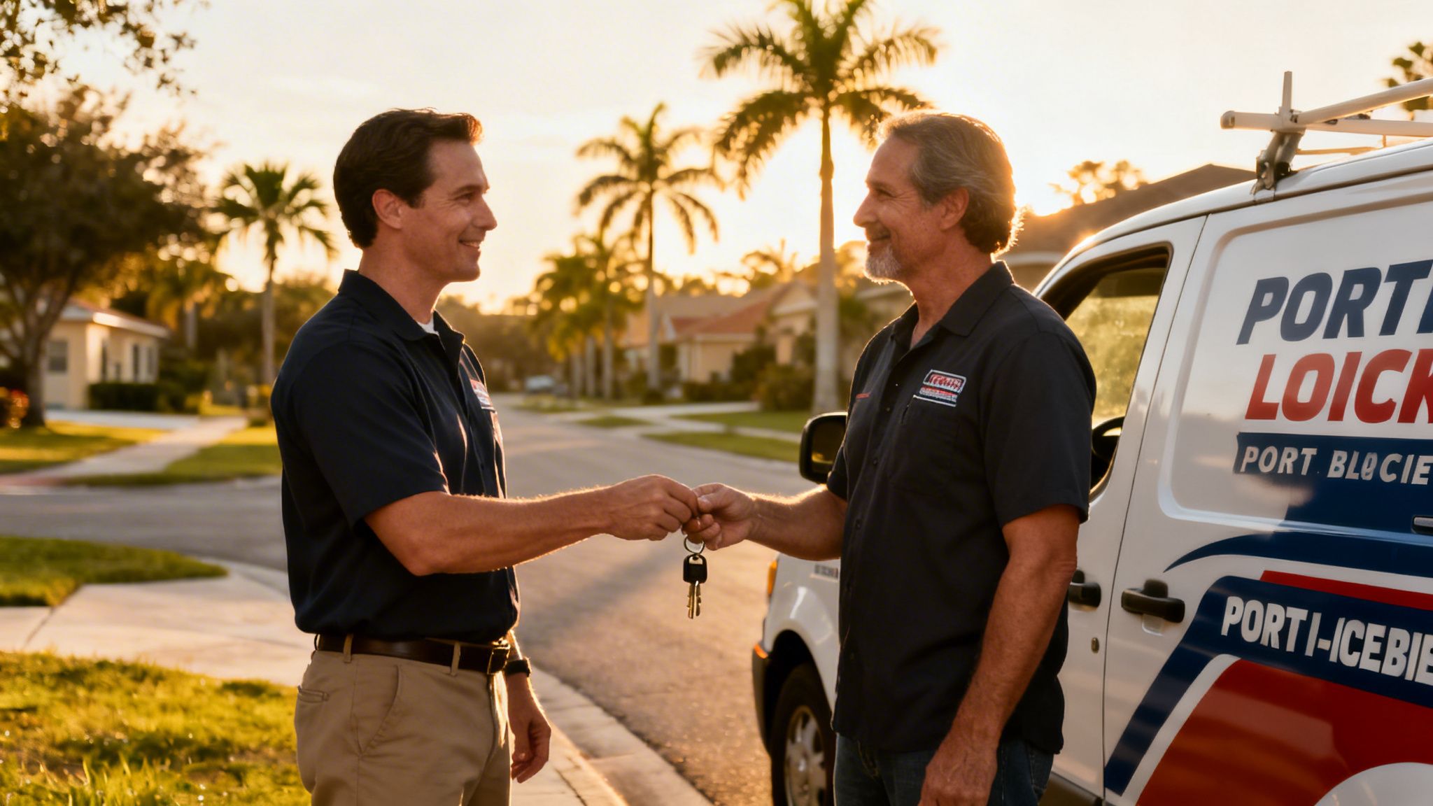 Two smiling locksmiths exchange car keys beside a service van on a sunny residential street.