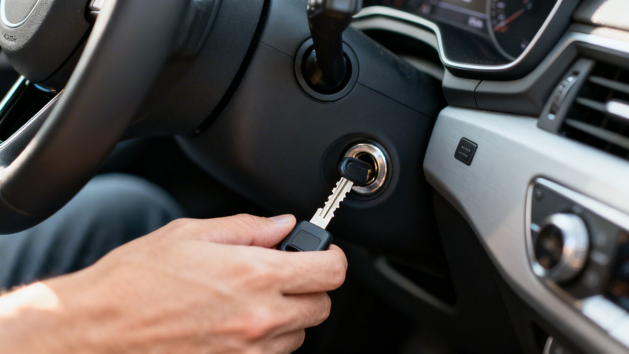 Close-up of a person's hand inserting a car key into the ignition, inside a modern vehicle.