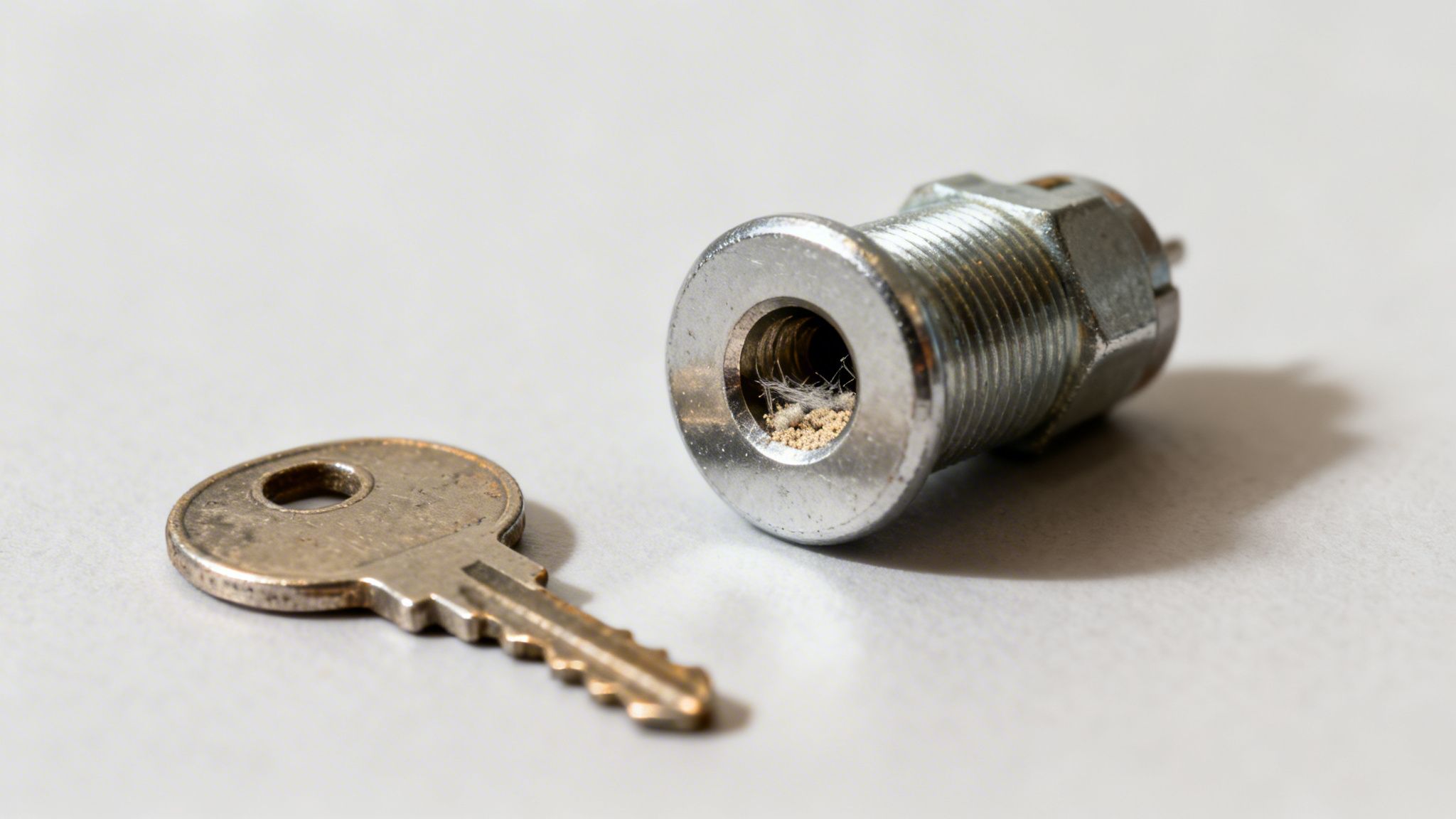 A small, worn key lies next to a silver lock cylinder blocked with dirt and lint.
