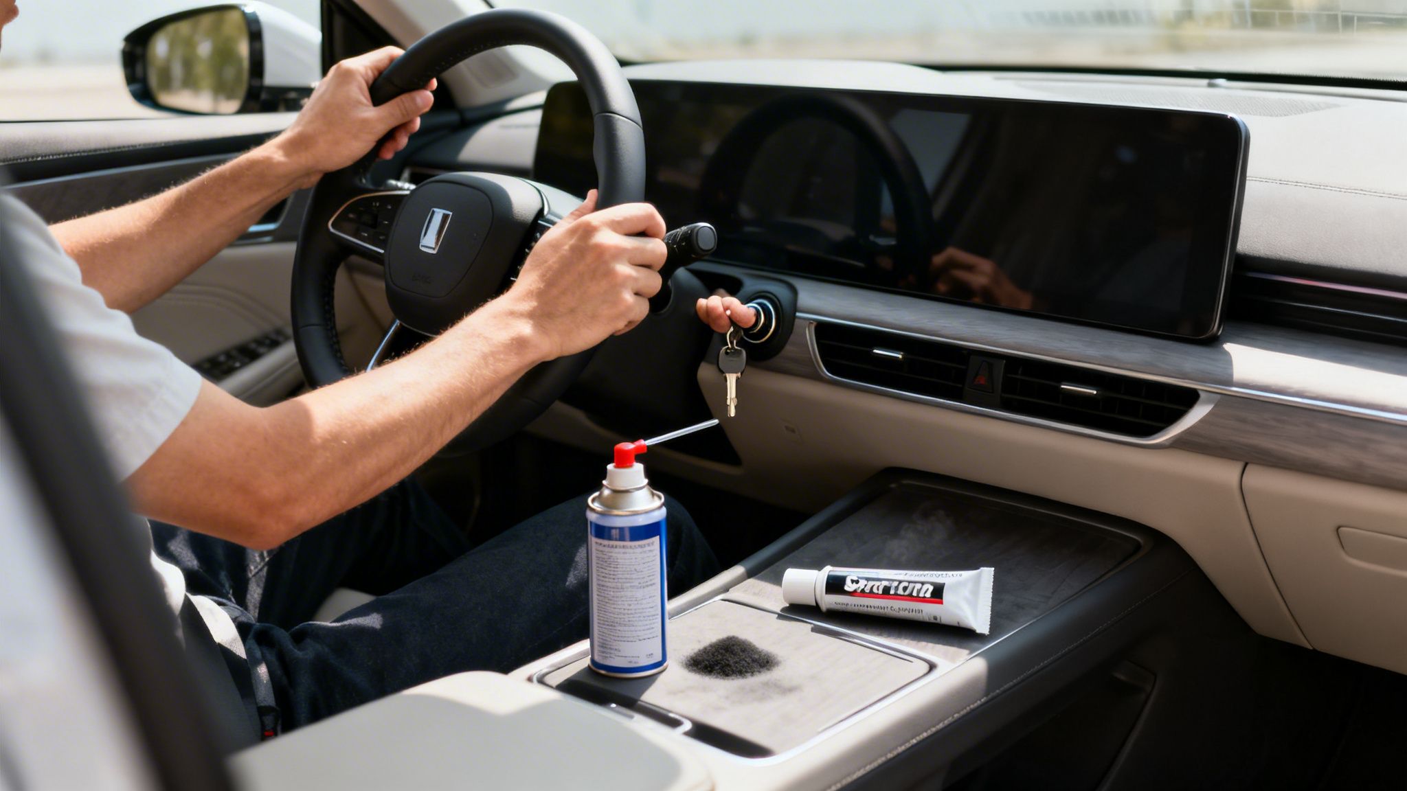 Man's hands in a car with keys in the ignition, next to lubricating spray and tube.