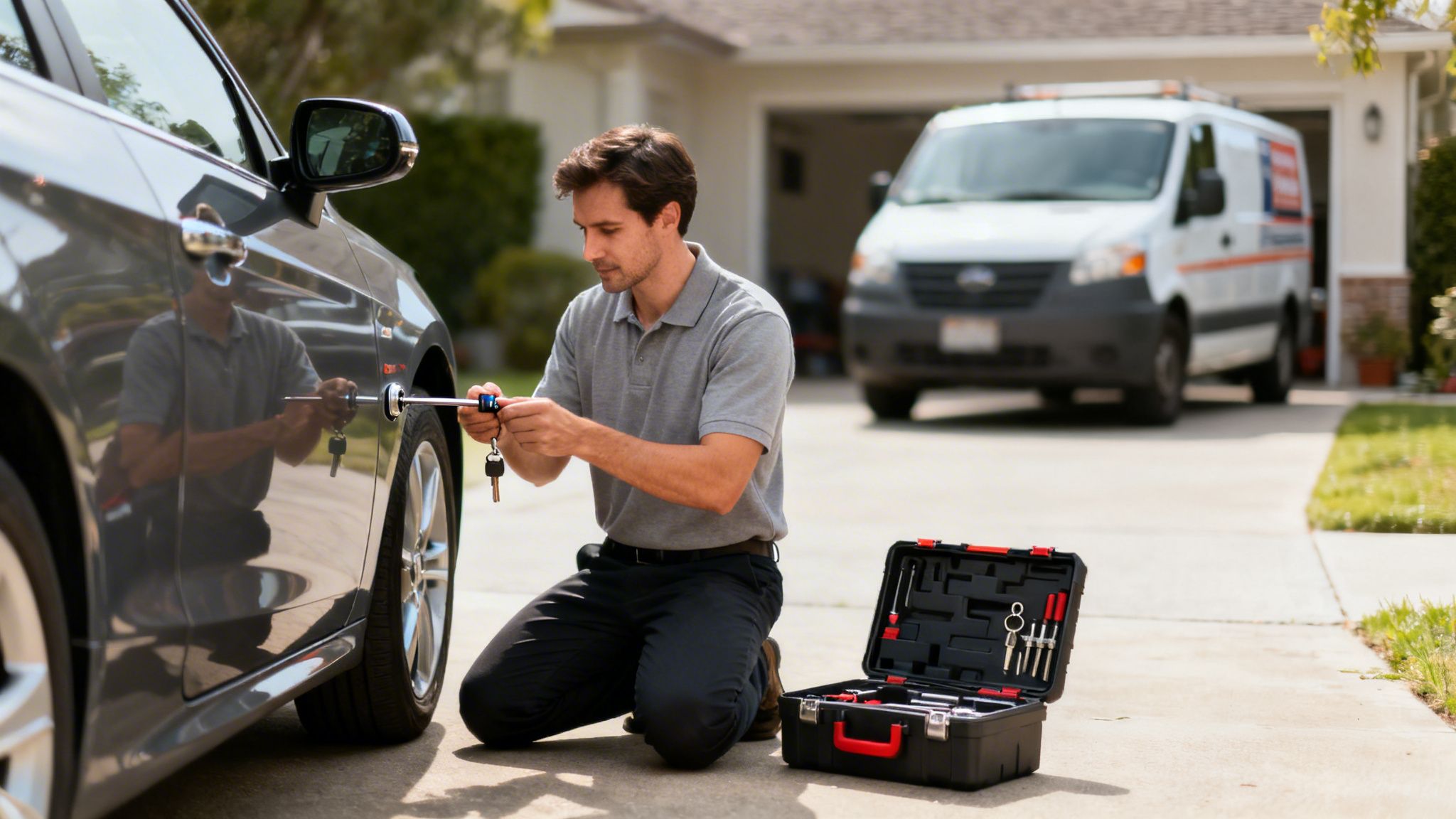 A locksmith kneels, using a tool to open a gray car's door lock, with keys. A service van is in the background.