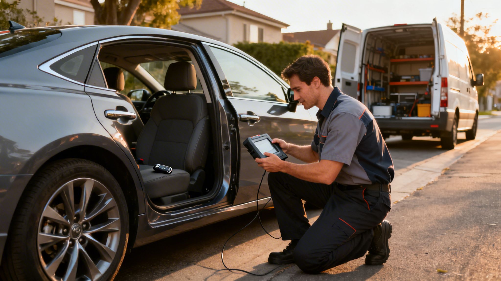 A locksmith technician uses a diagnostic tool to program a car's keyless entry system on the street.