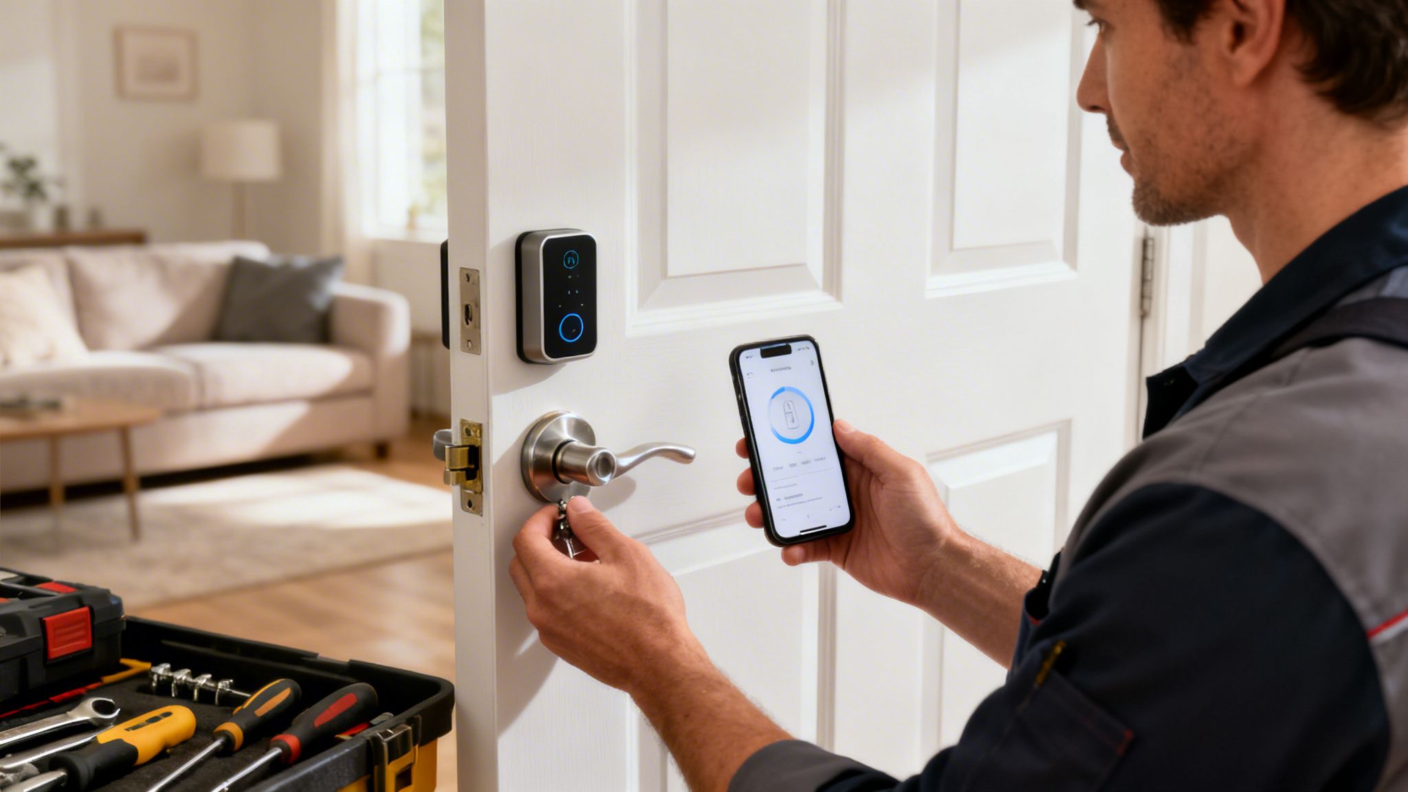 A technician installs a smart keyless entry system on a white door, holding a phone and keys.