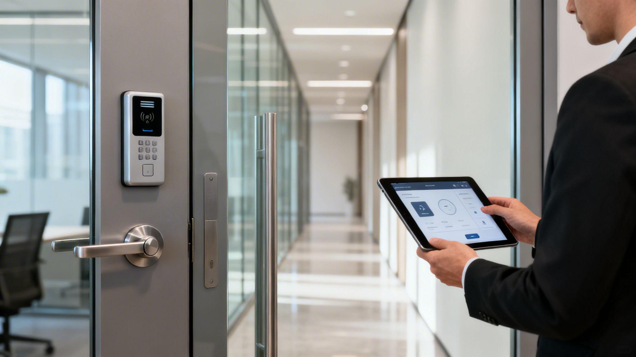 A man uses a tablet to manage a smart keyless entry system on an office door in a modern hallway.