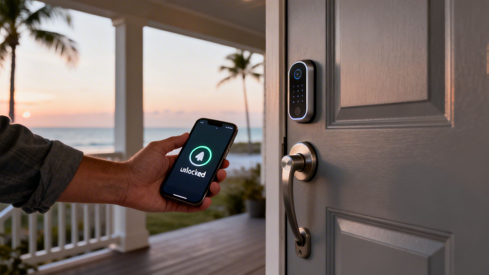A hand holds a smartphone displaying 'unlocked' next to a smart lock on a gray door.