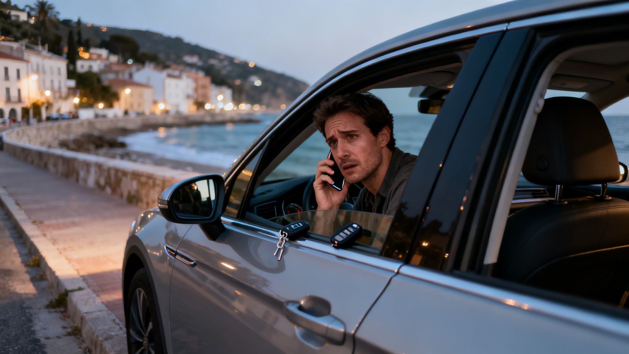 A distressed man talks on his phone, looking at his car keys inside his vehicle parked by the coast.