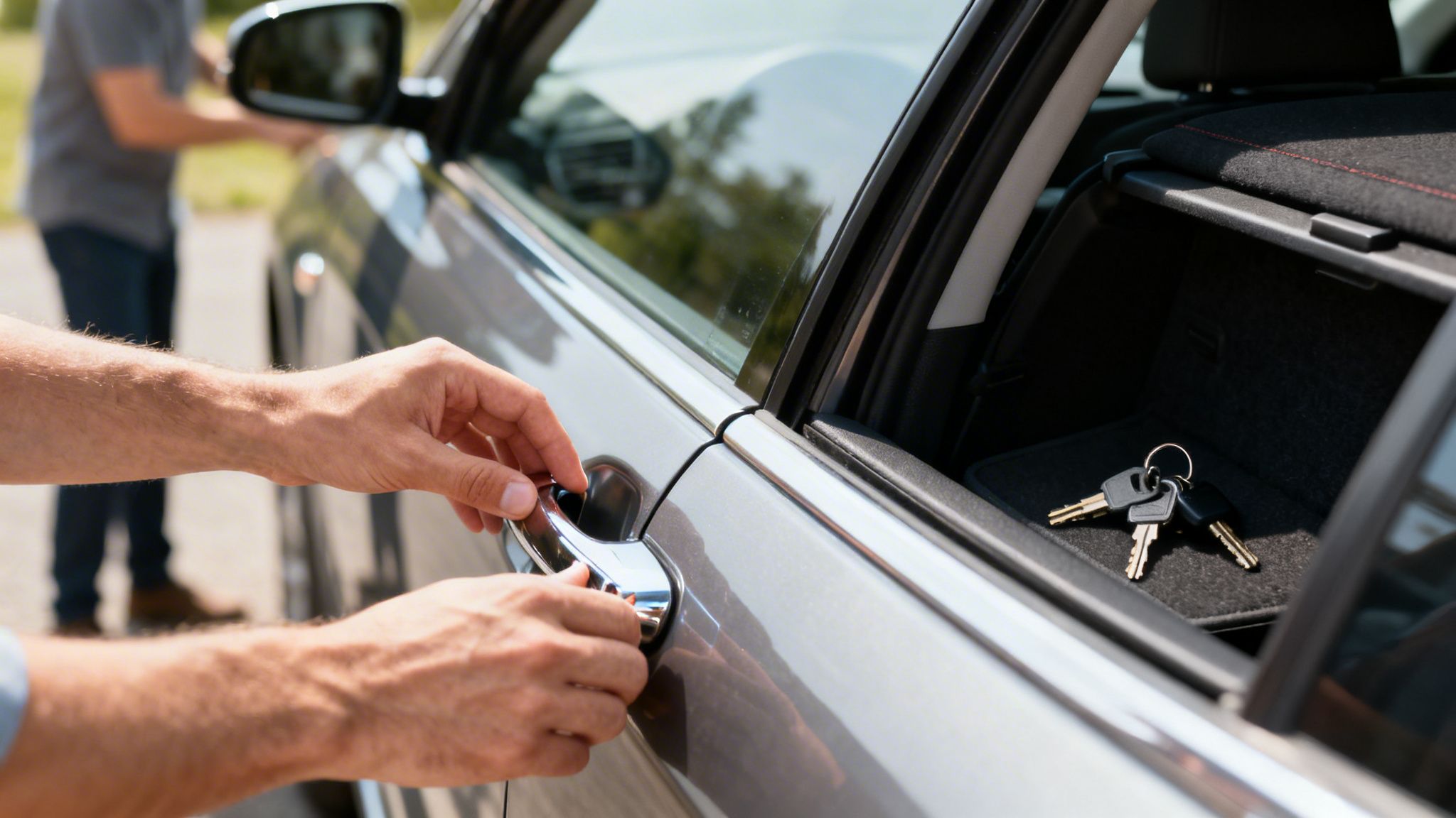 A person's hands attempt to open a gray car door, with keys visibly locked inside.
