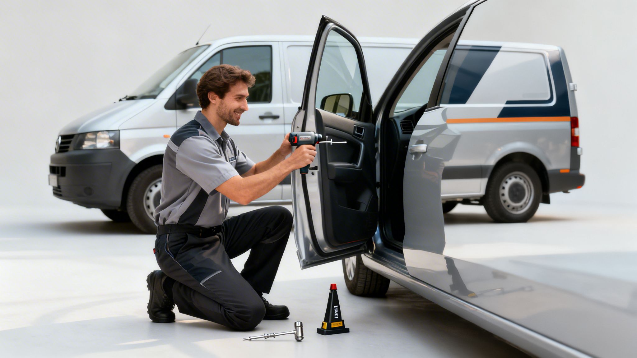 A smiling technician crouches, using a power tool to repair the open door of a silver car, with vans in the background.