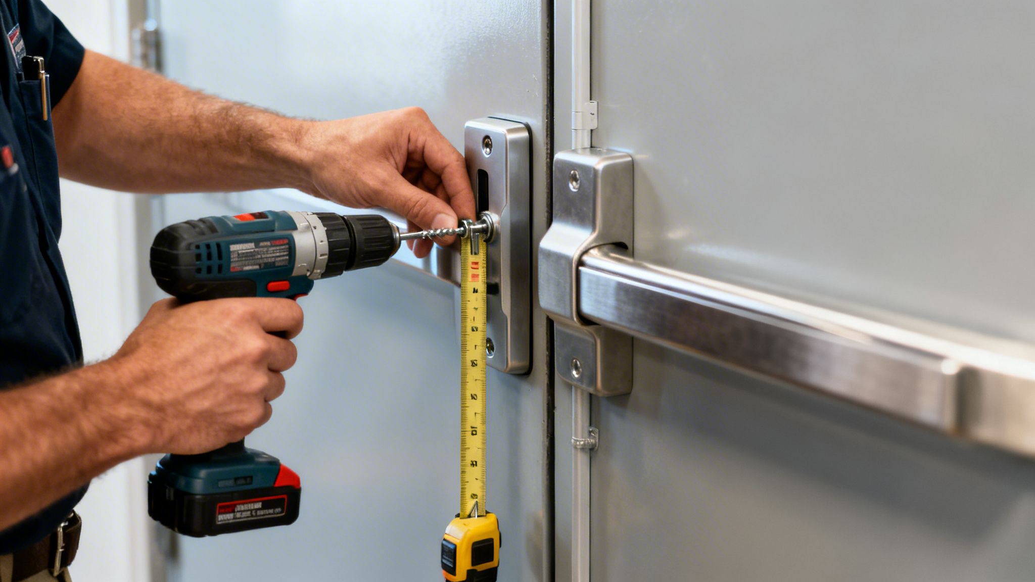 Close-up of a person's hands installing a door lock or panic bar on a gray door with a drill and tape measure.