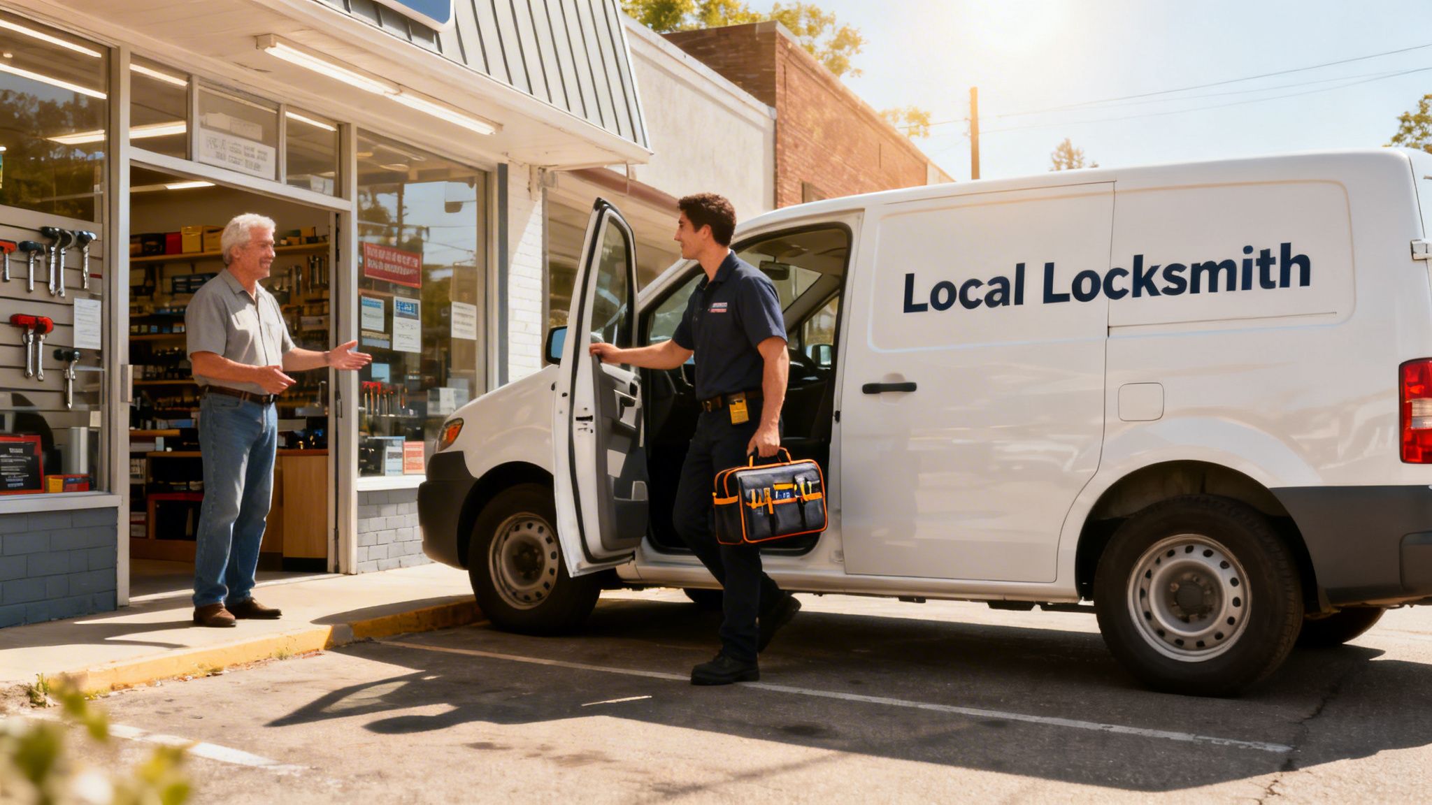 A locksmith technician with a toolbox steps out of a white van to meet an older man outside a store.