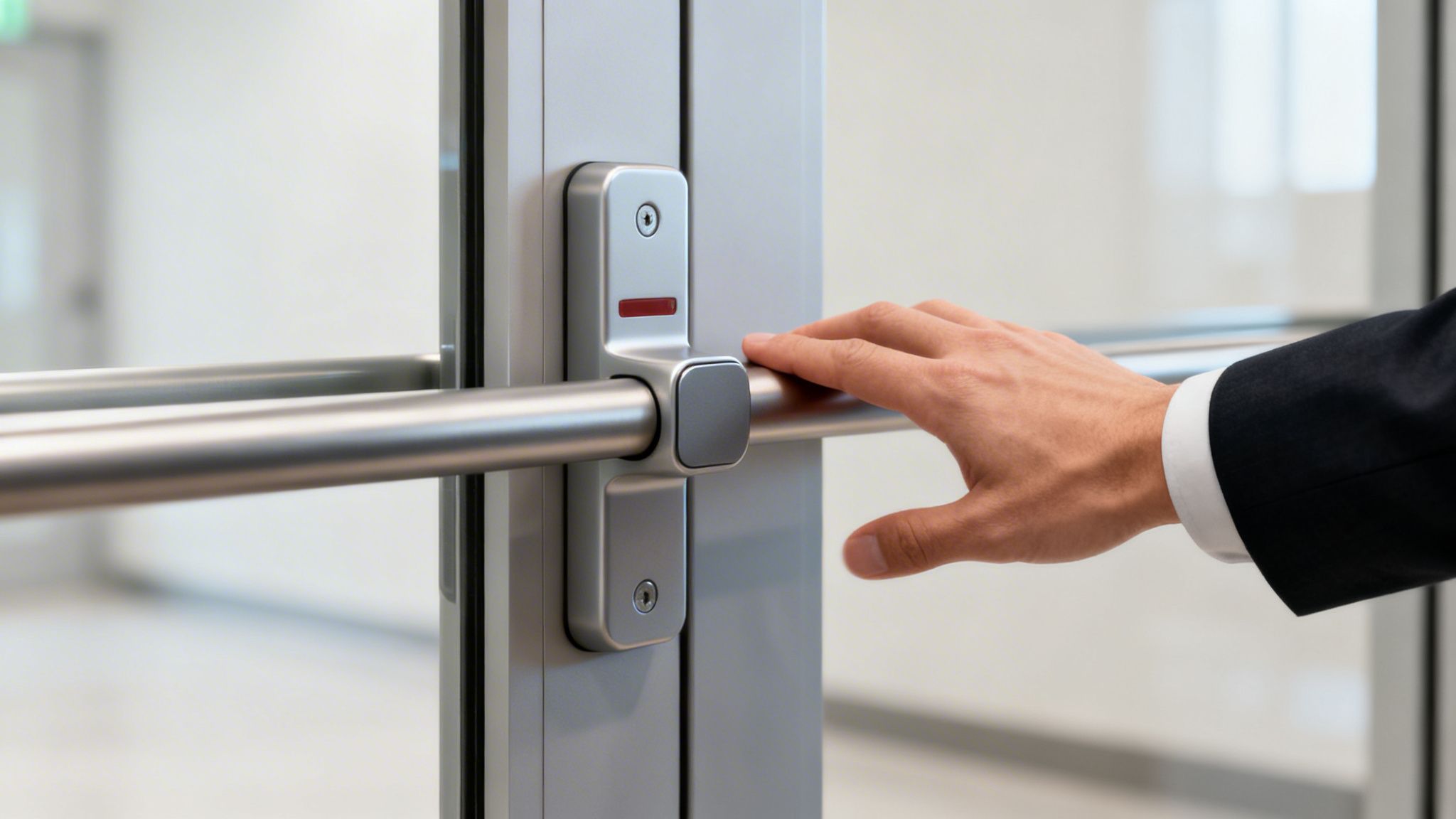 A person in a suit pushes on a silver panic bar on a modern glass door.