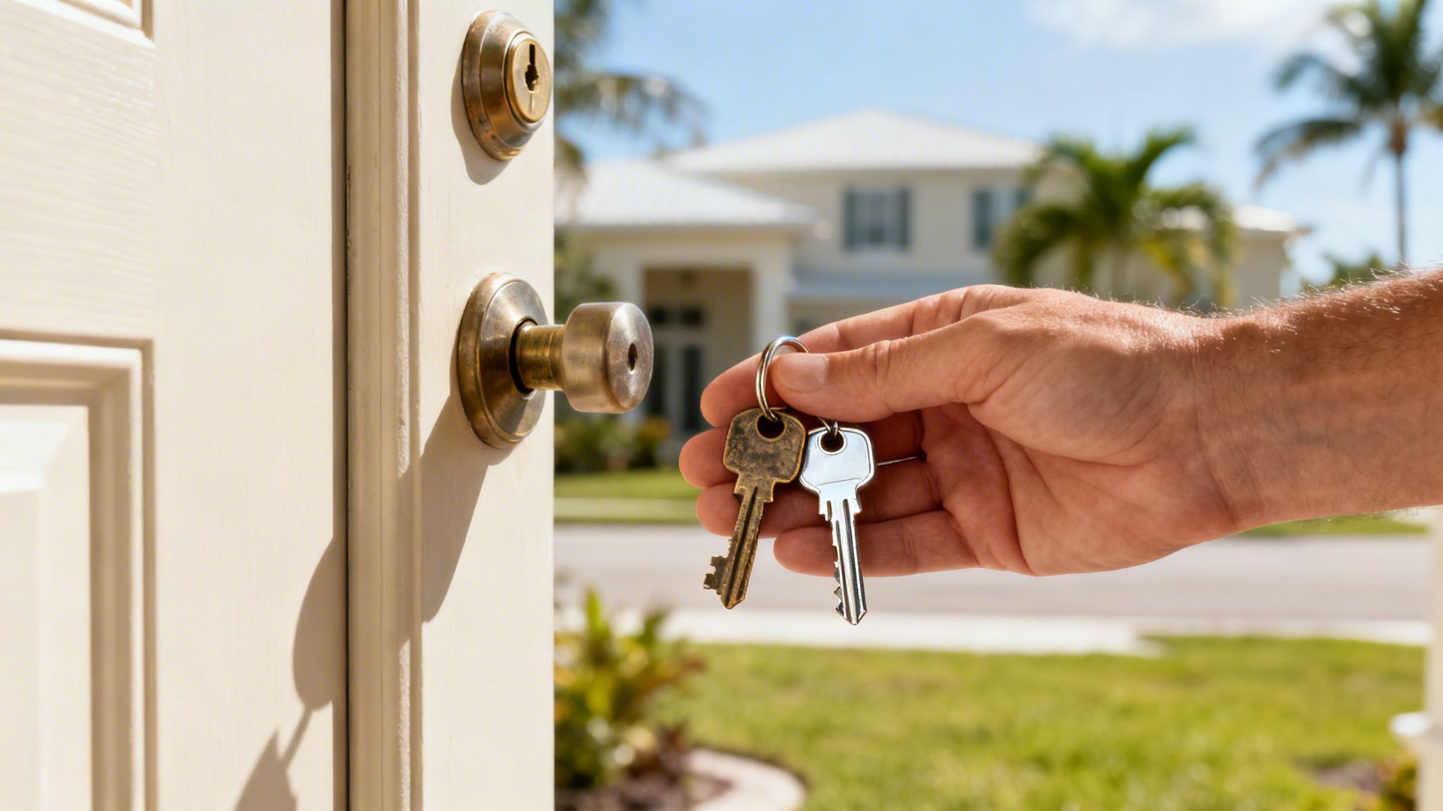 A hand holding new house keys in front of an open door with a modern home in the background.