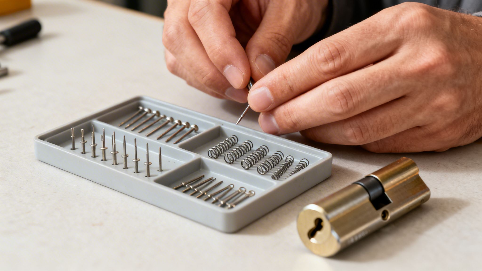 Close-up of a person's hands handling small pins and springs to rekey a lock.